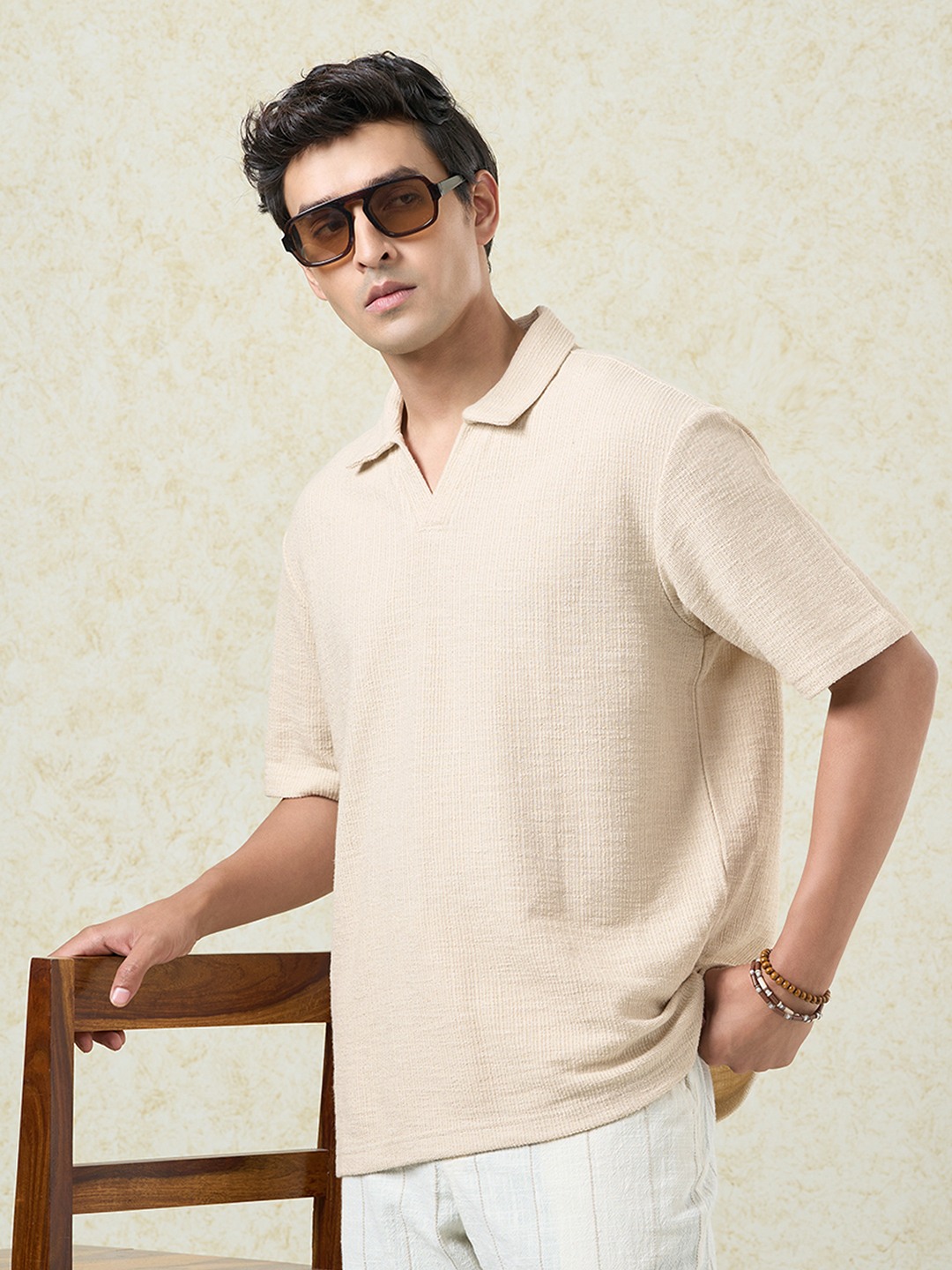 Beige Textured Knit Johnny Polo T-Shirt