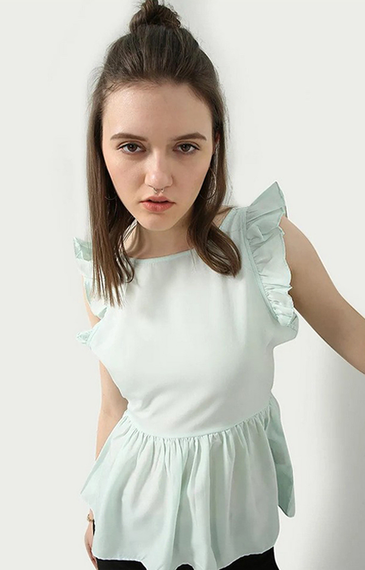 Women's Green Polyester Solid Peplum Top