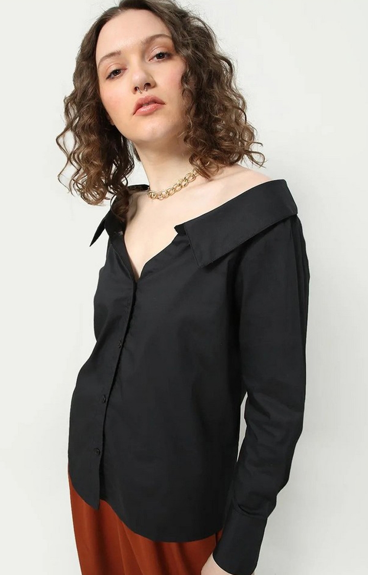 MYWISHBAG | Women's Black Cotton Solid Oversized Shirts