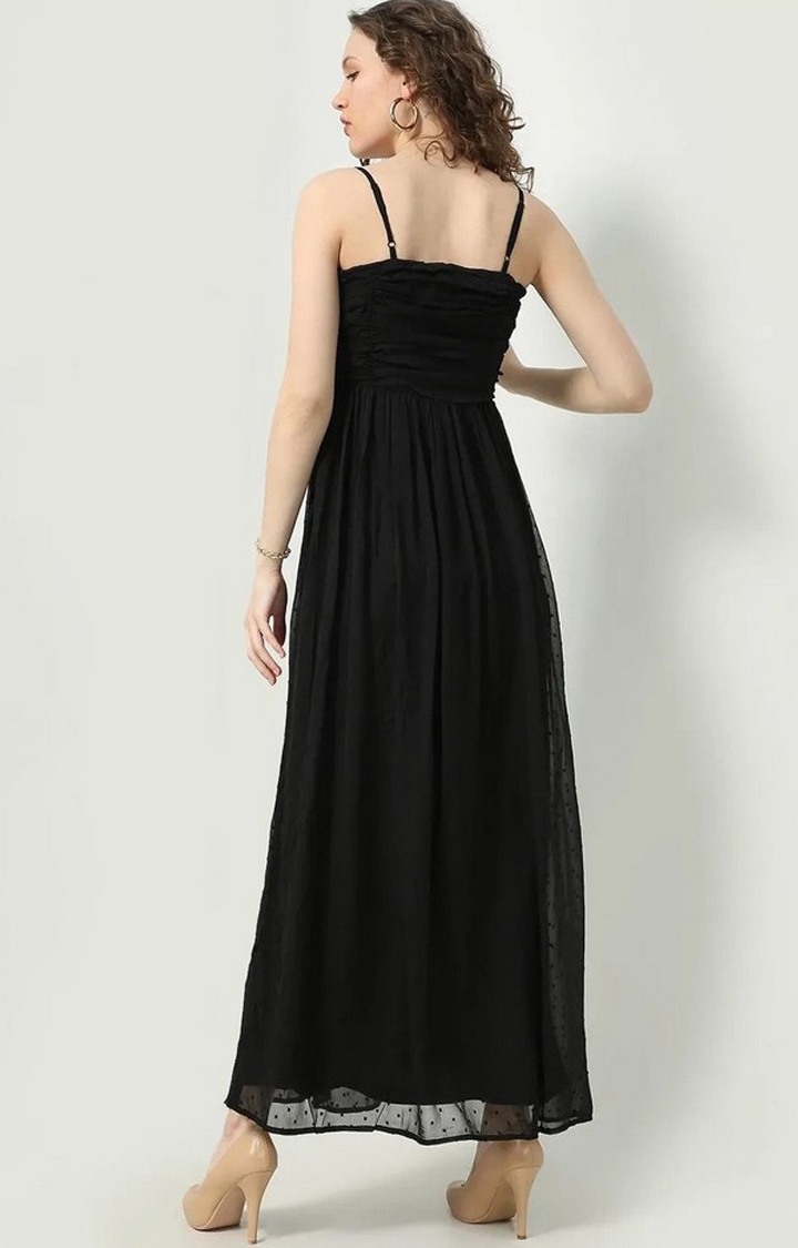 Women's Black Polyester Solid Maxi Dress