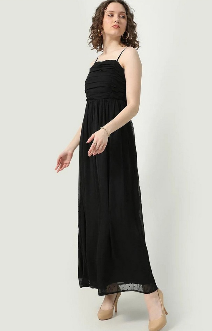 MYWISHBAG | Women's Black Polyester Solid Maxi Dress