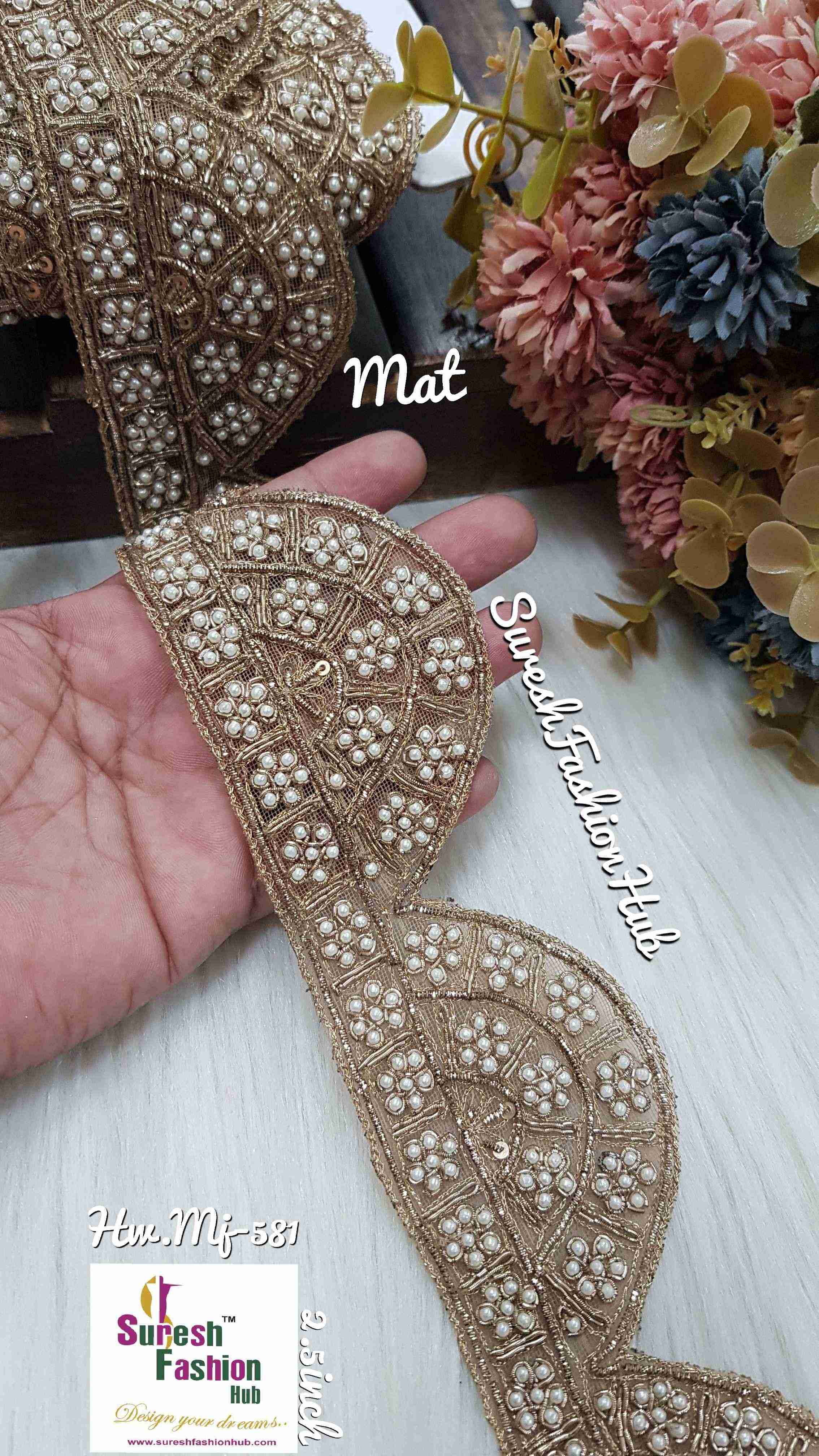 Antique Zardosi Blossom Net Scallop Lace with Pearls