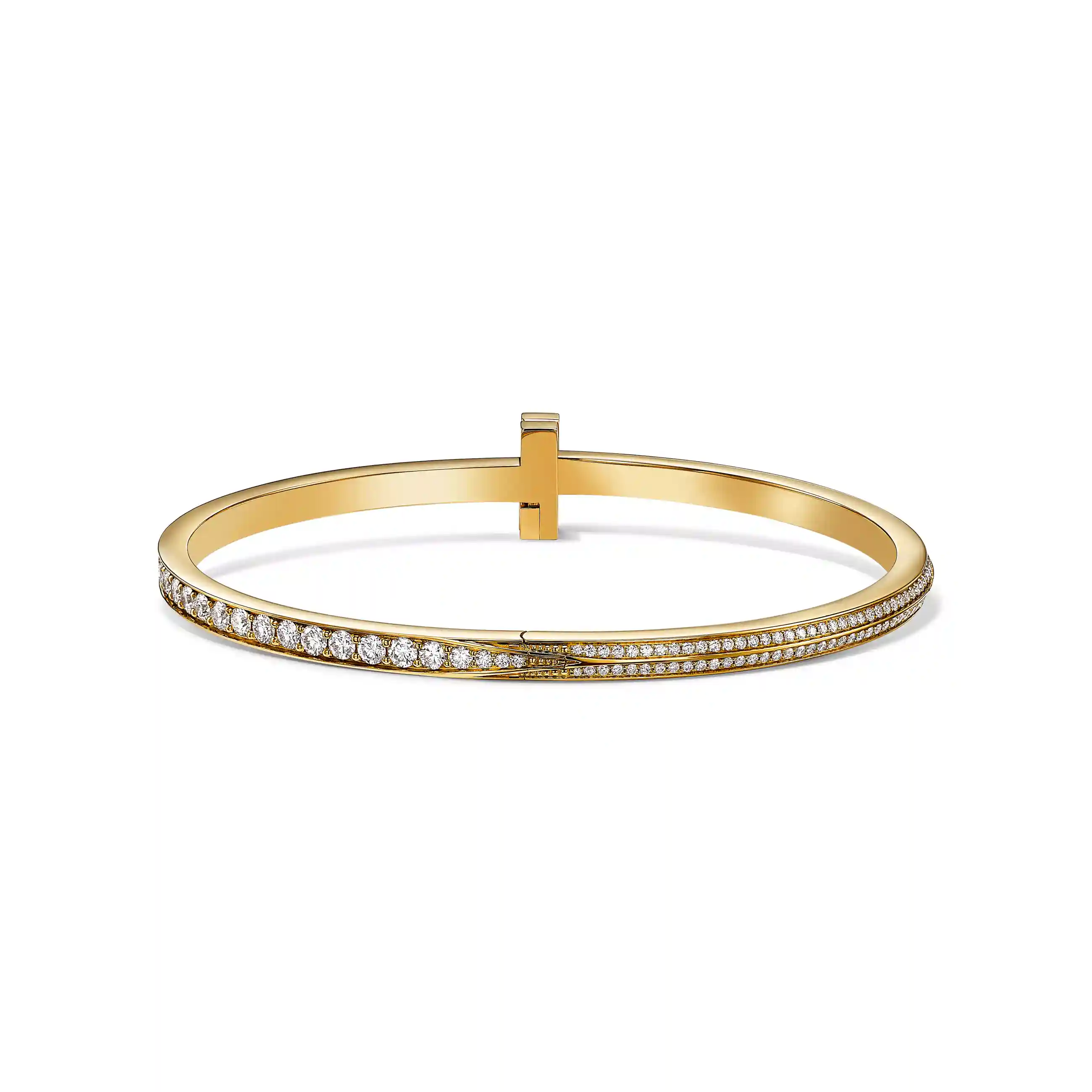 Tiffany T: T1 Narrow Pavé Diamond Hinged Bangle in Yellow Gold