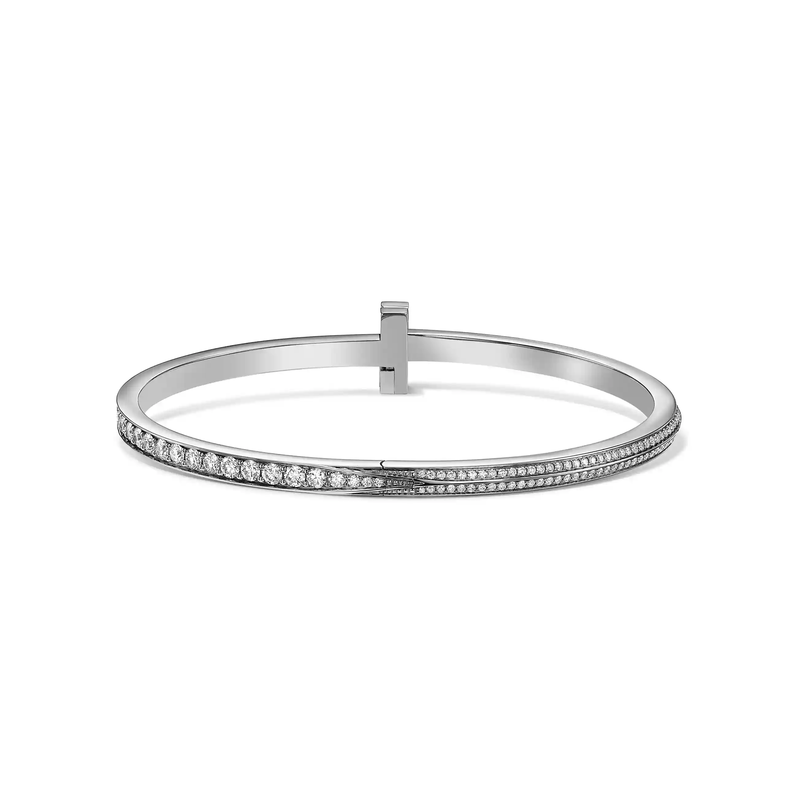 Tiffany T: T1 Narrow Pavé Diamond Hinged Bangle in White Gold