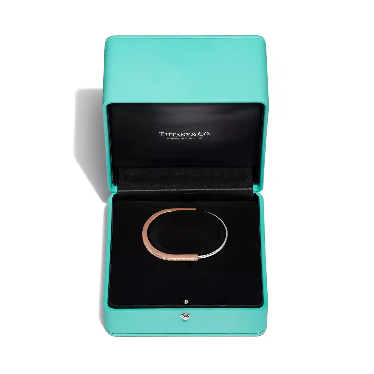 Tiffany Lock: Narrow Bangle in Rose and White Gold with Half Pavé Diamonds