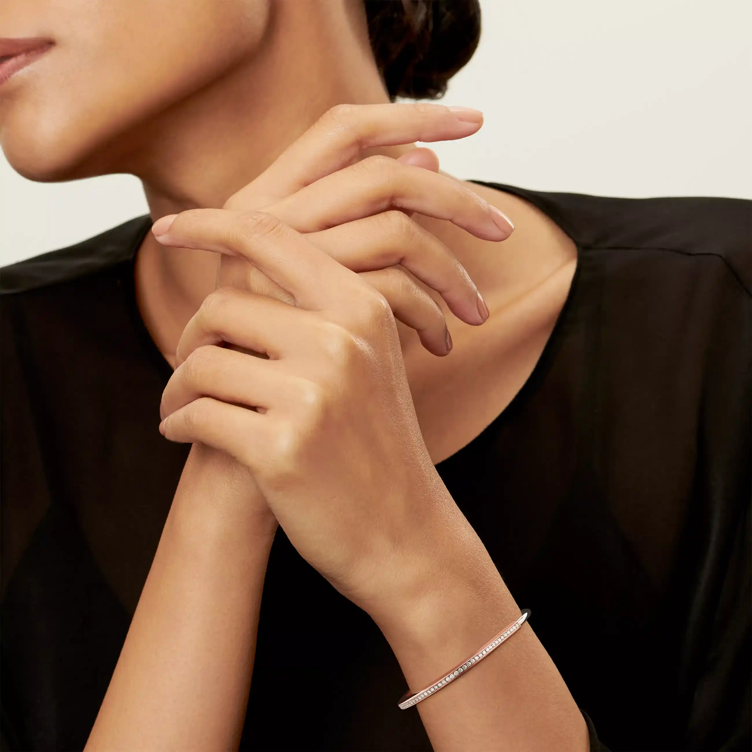 Tiffany Lock: Narrow Bangle in Rose and White Gold with Half Pavé Diamonds