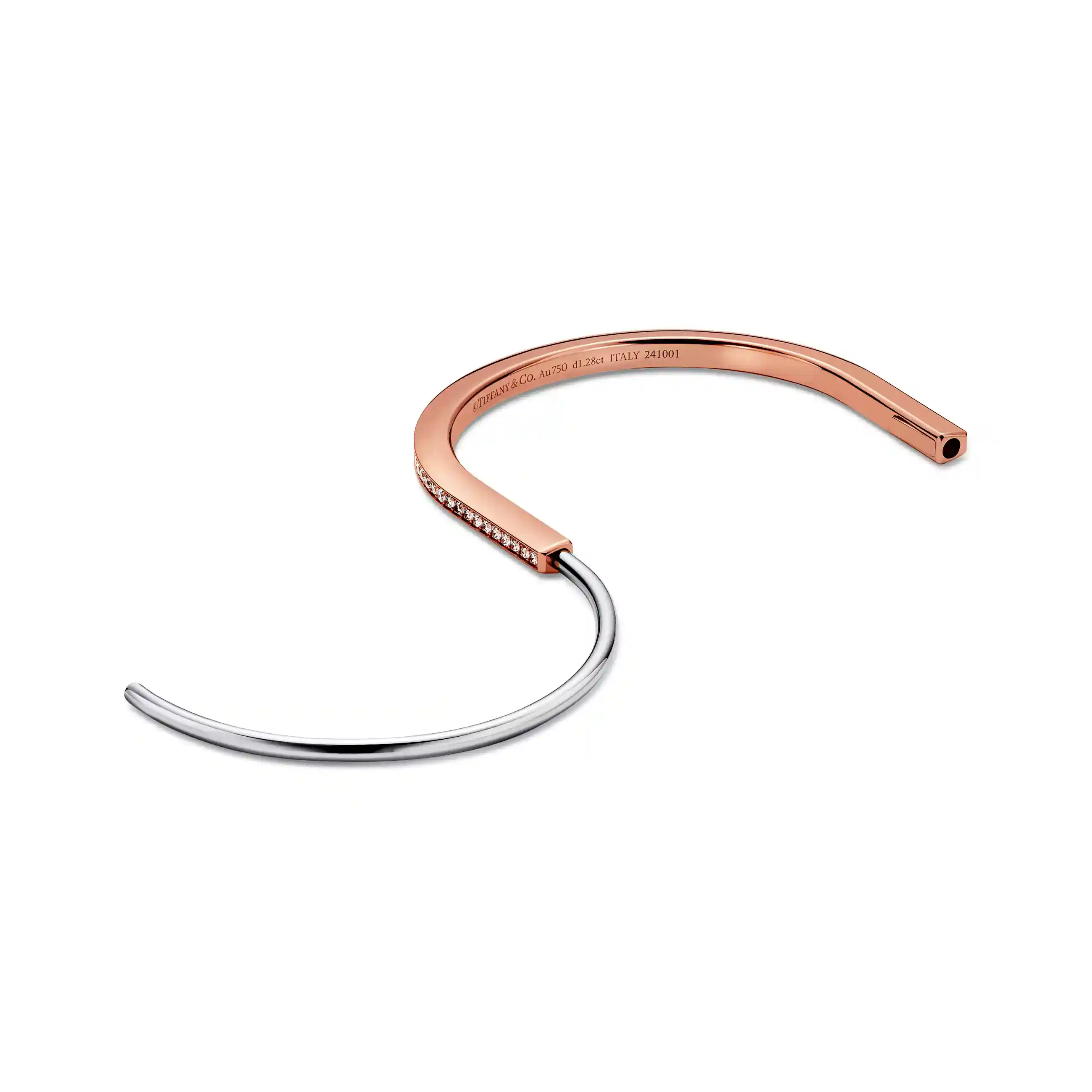 Tiffany Lock: Narrow Bangle in Rose and White Gold with Half Pavé Diamonds