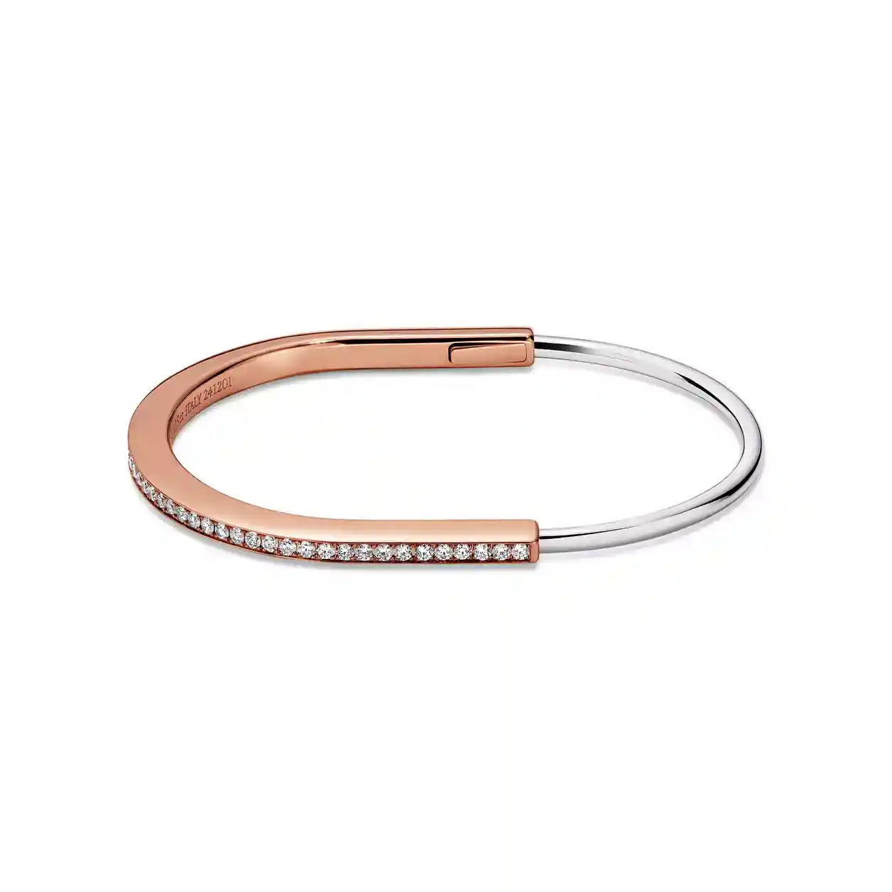Tiffany Lock: Narrow Bangle in Rose and White Gold with Half Pavé Diamonds