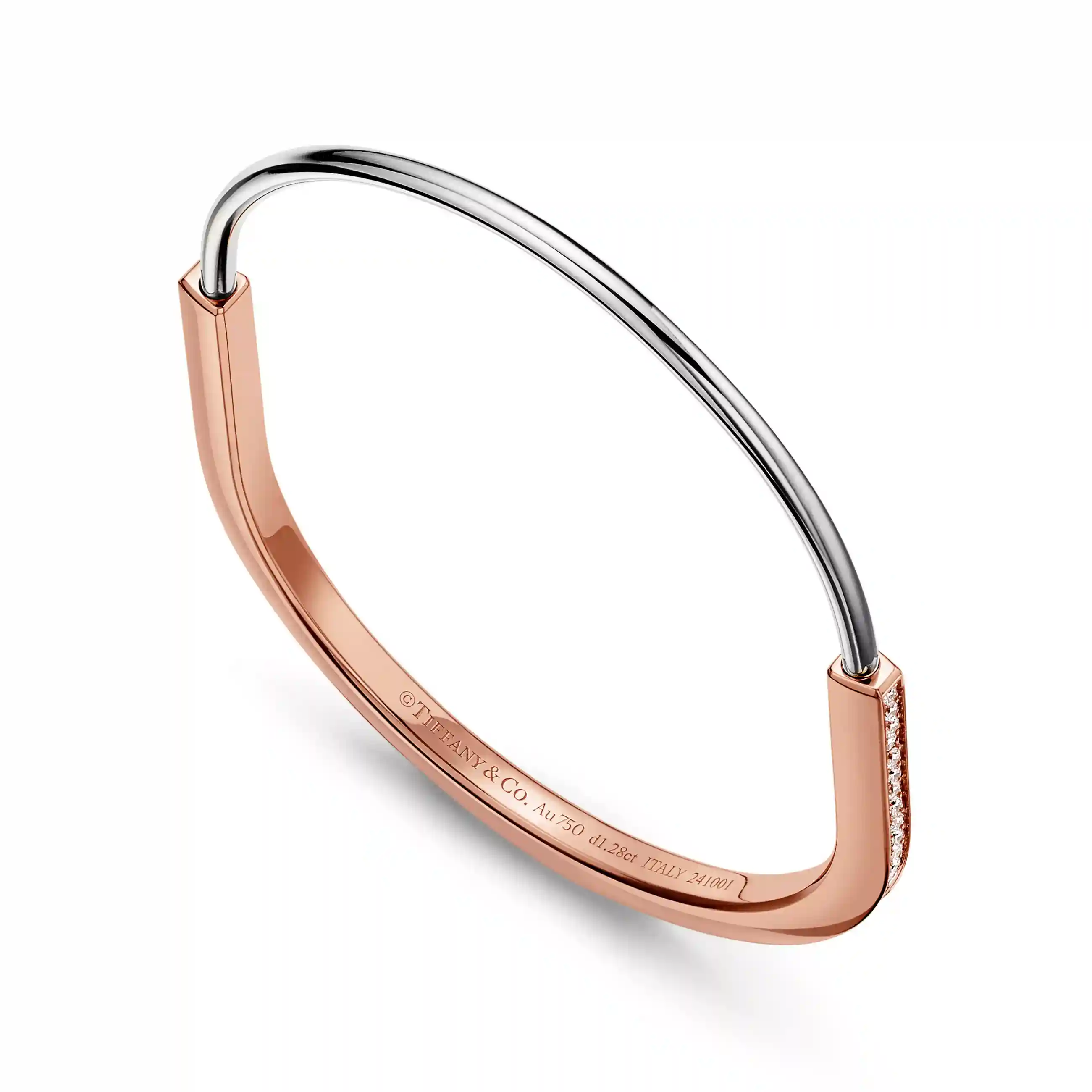Tiffany Lock: Narrow Bangle in Rose and White Gold with Half Pavé Diamonds