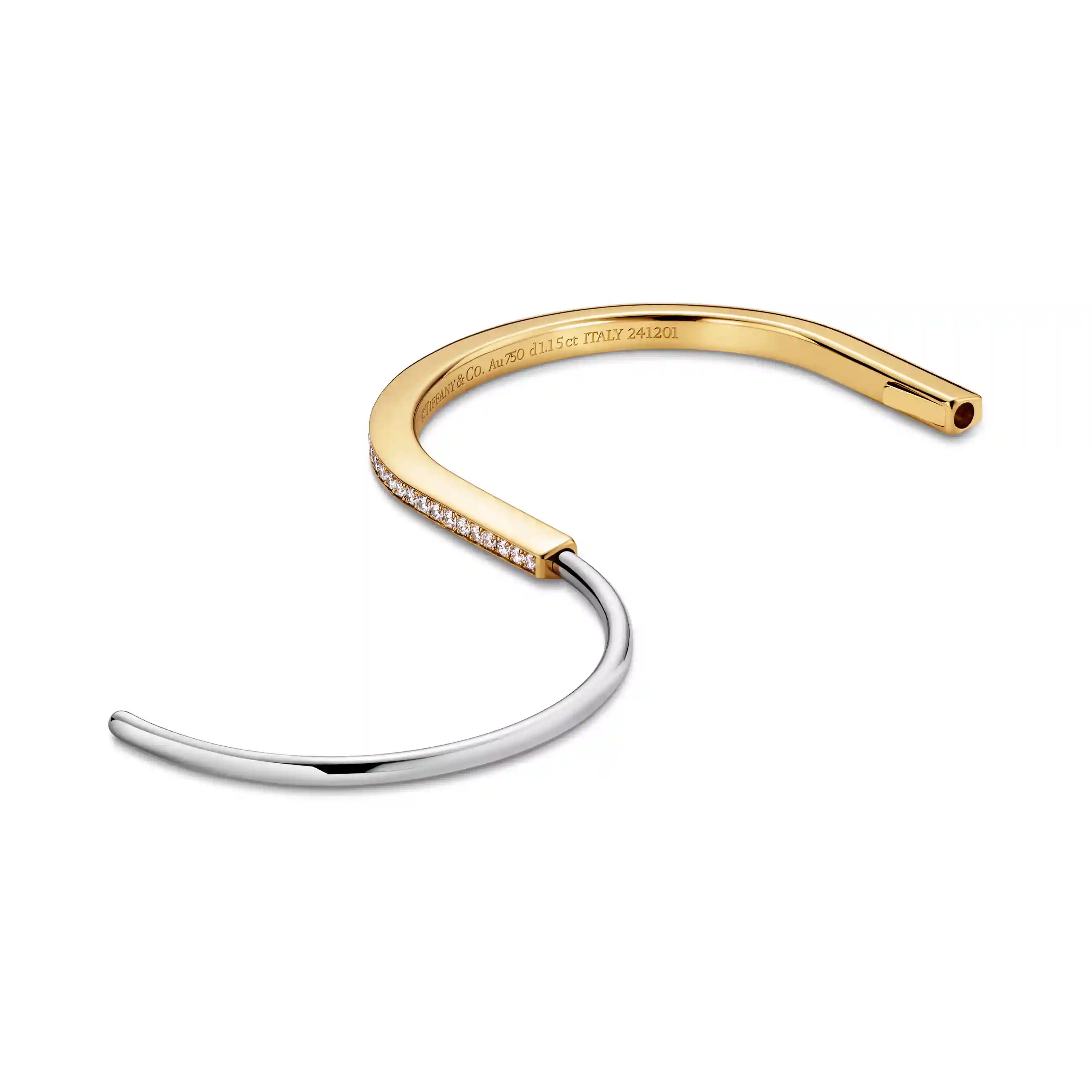 Tiffany Lock: Narrow Bangle in Yellow and White Gold with Half Pavé Diamonds