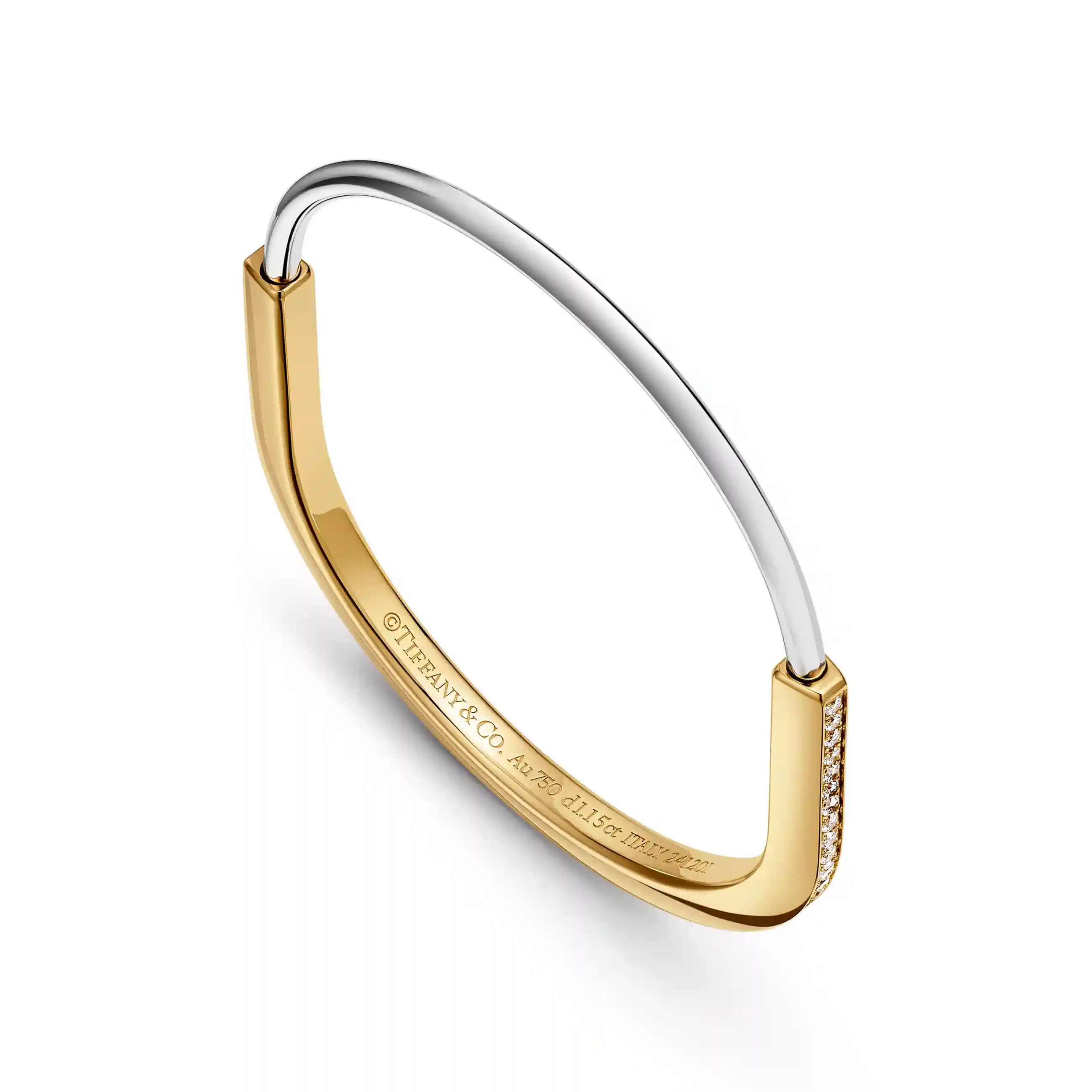 Tiffany Lock: Narrow Bangle in Yellow and White Gold with Half Pavé Diamonds