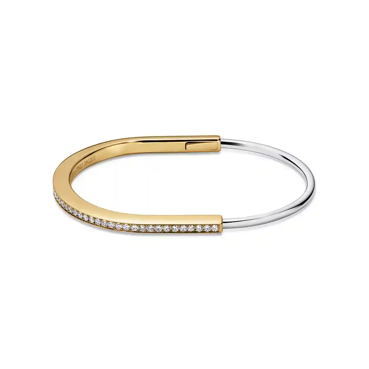 Tiffany Lock: Narrow Bangle in Yellow and White Gold with Half Pavé Diamonds
