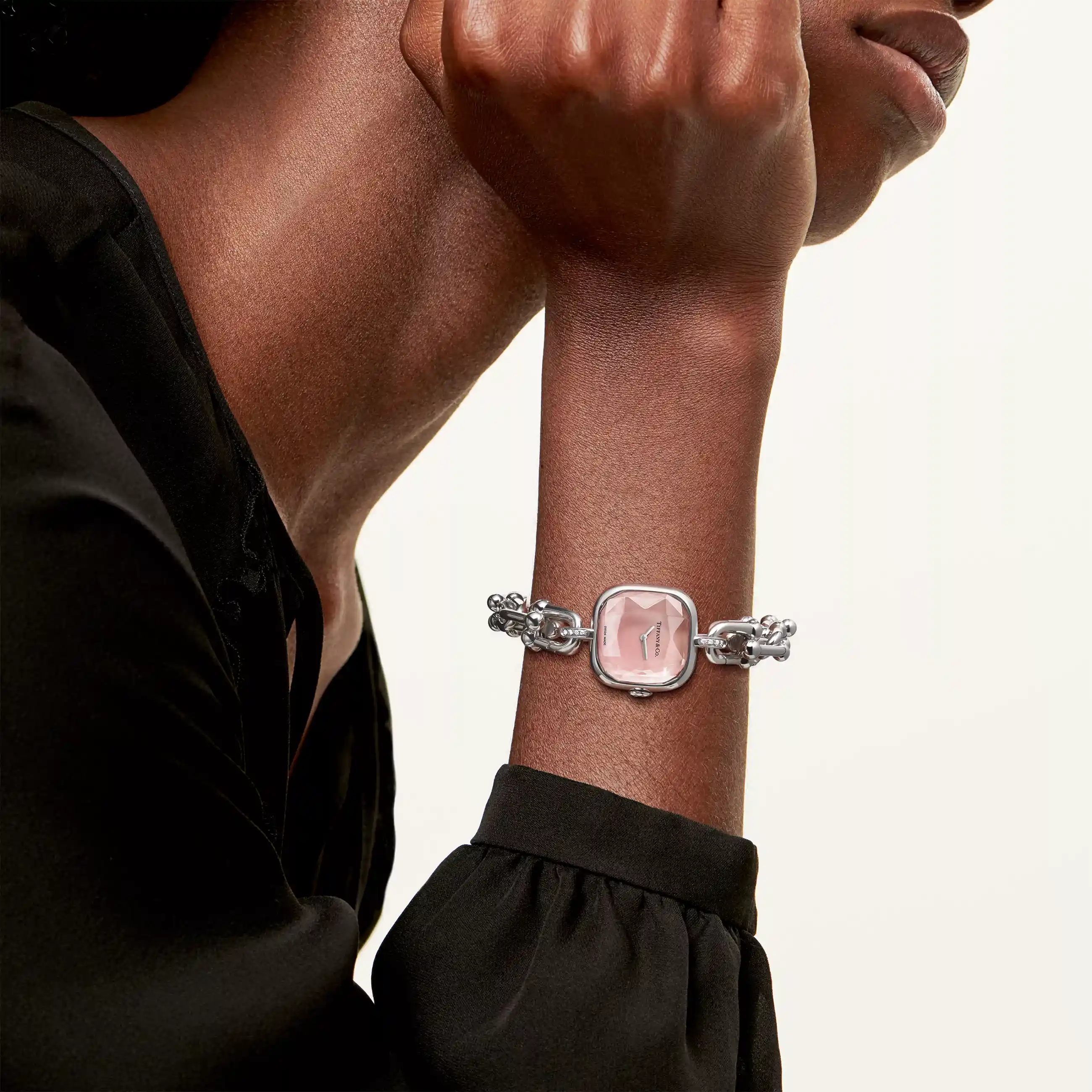Tiffany HardWear: Watch in Sterling Silver and Diamonds with Pink Mother-of-pearl