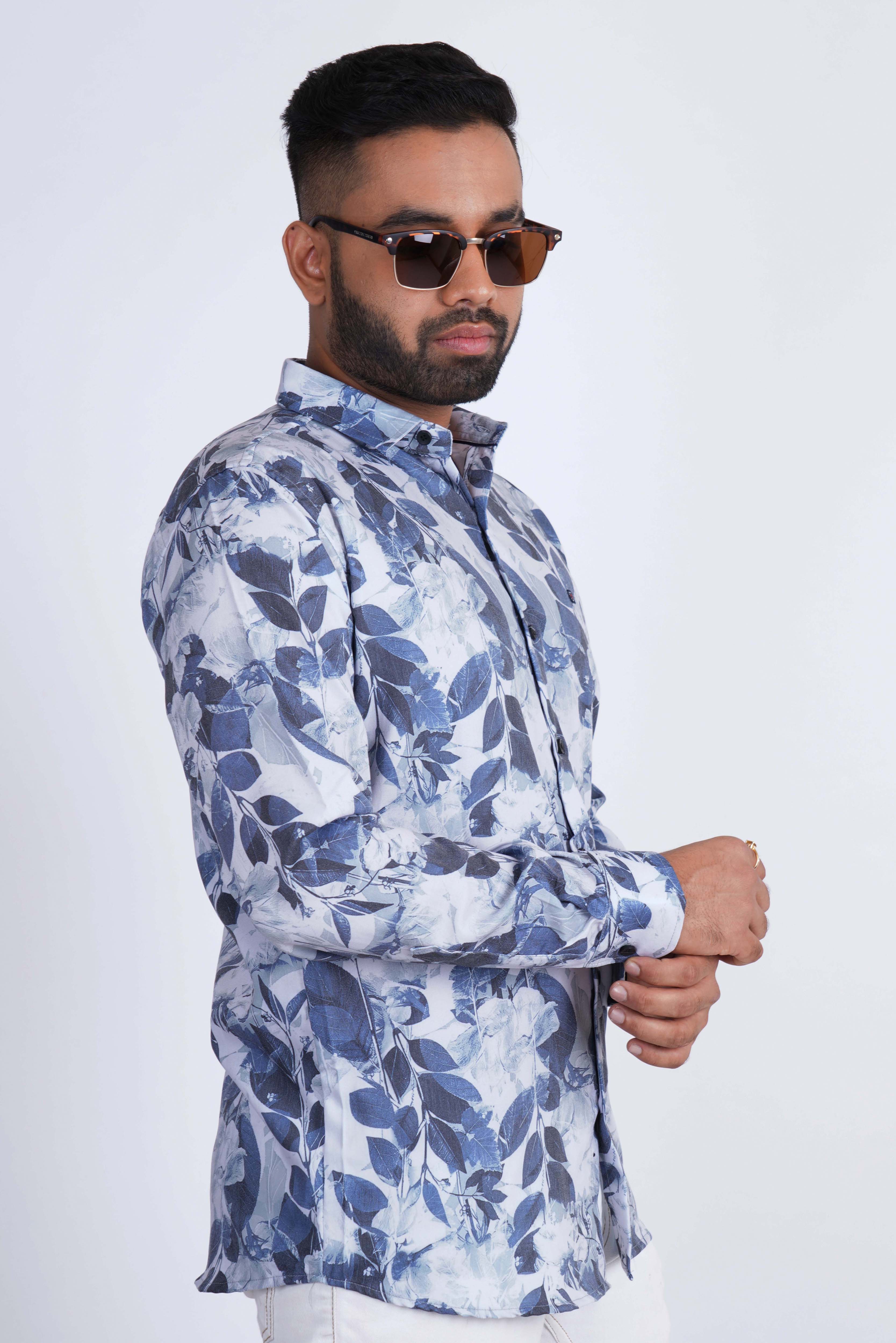 Snow White Blue Leaves Abstract Imported Lycra Shirt