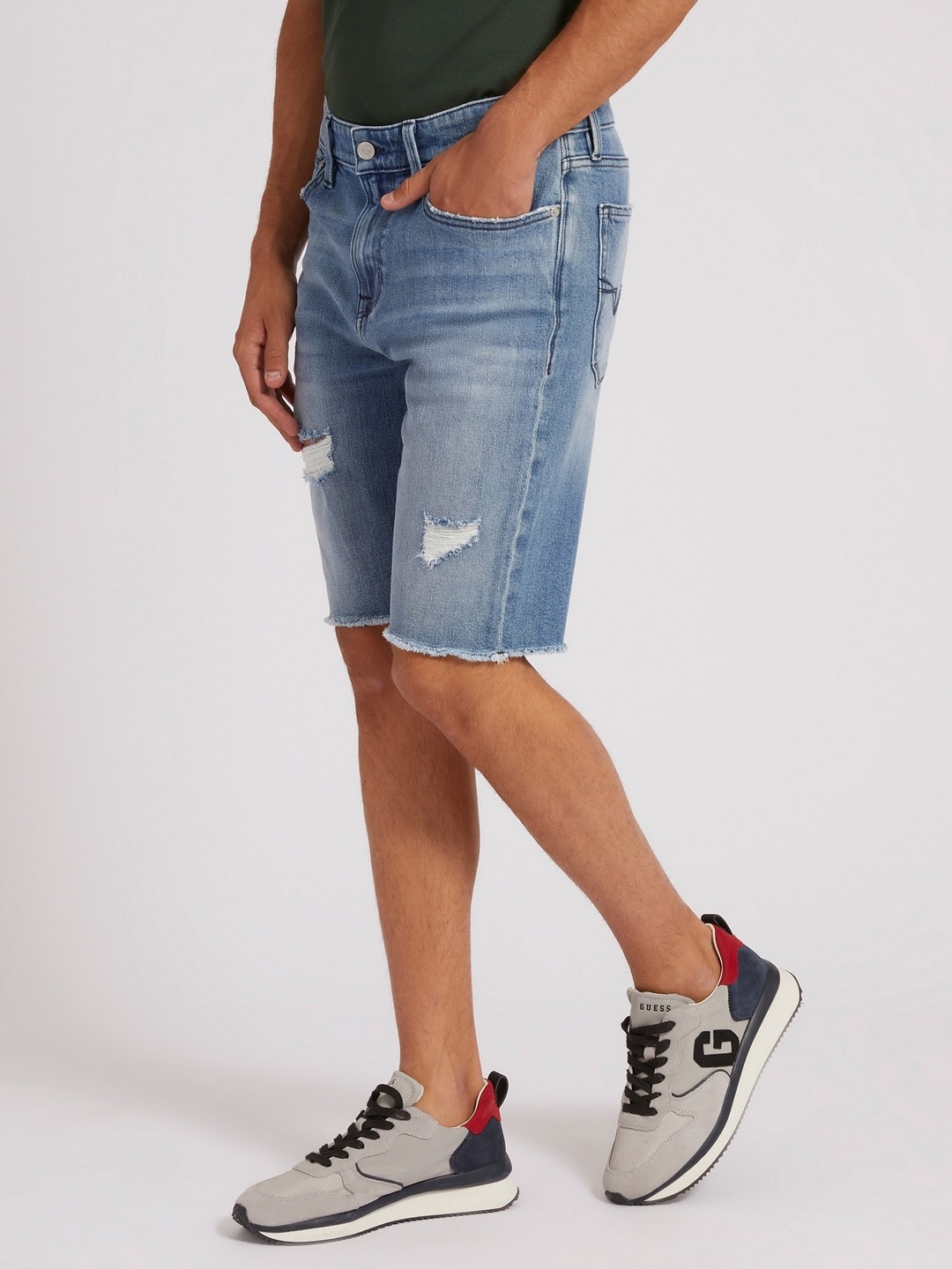 Blue Polyester Blend Solid Denim Shorts