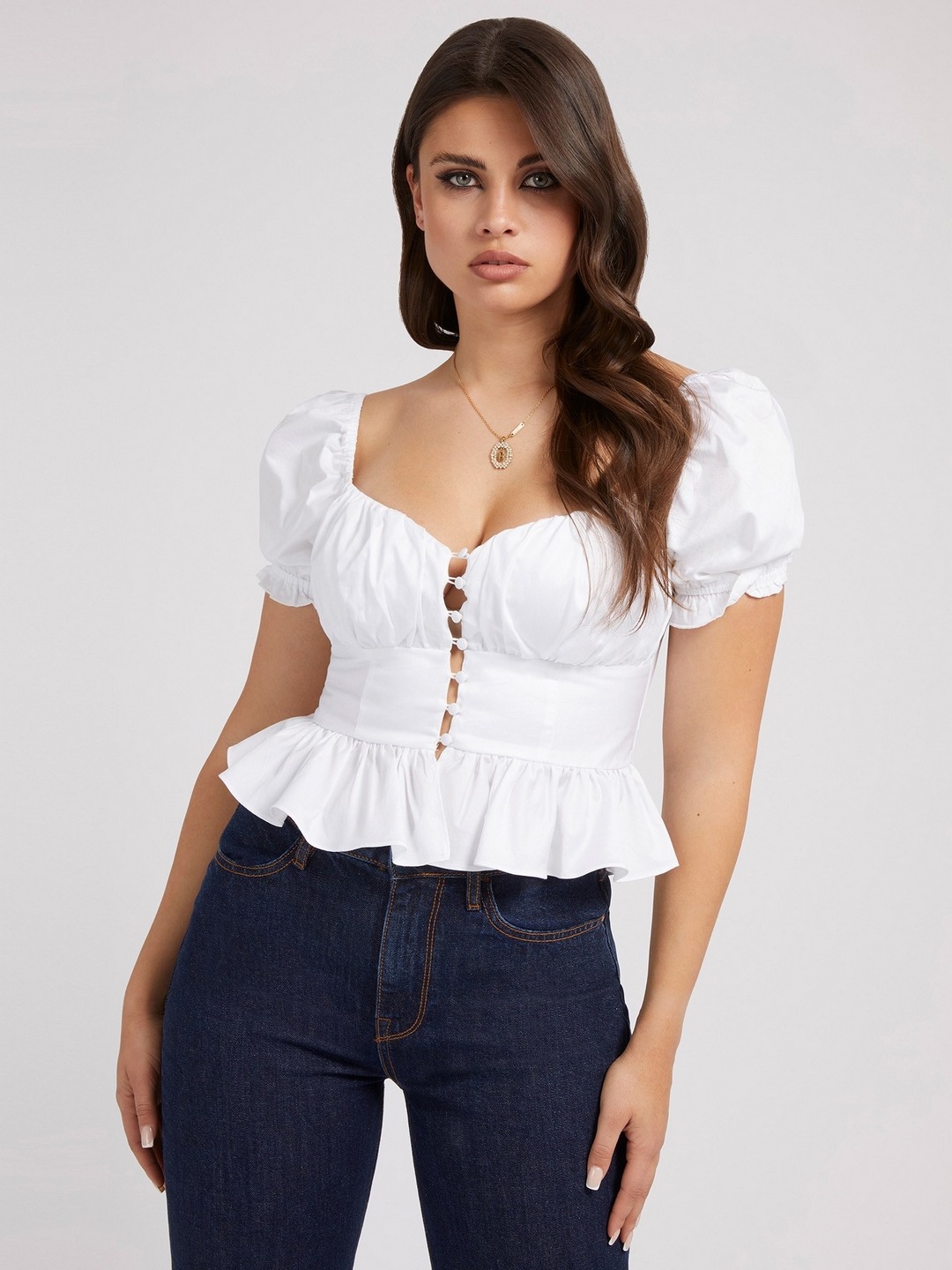 White Solid Sweetheart Neck Poplin Top