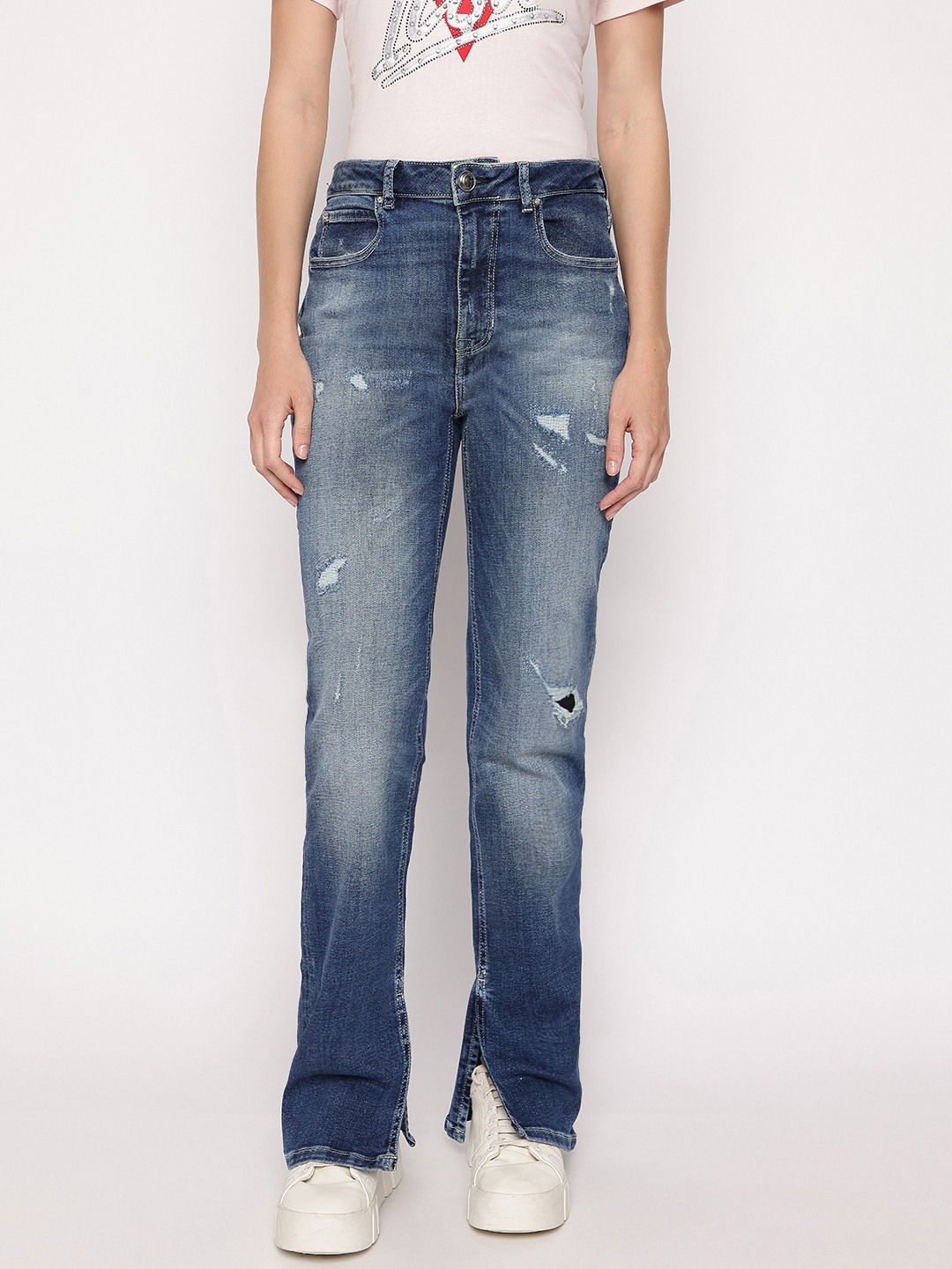 Blue Solid Flared Fit Pauline Flare Split Jeans