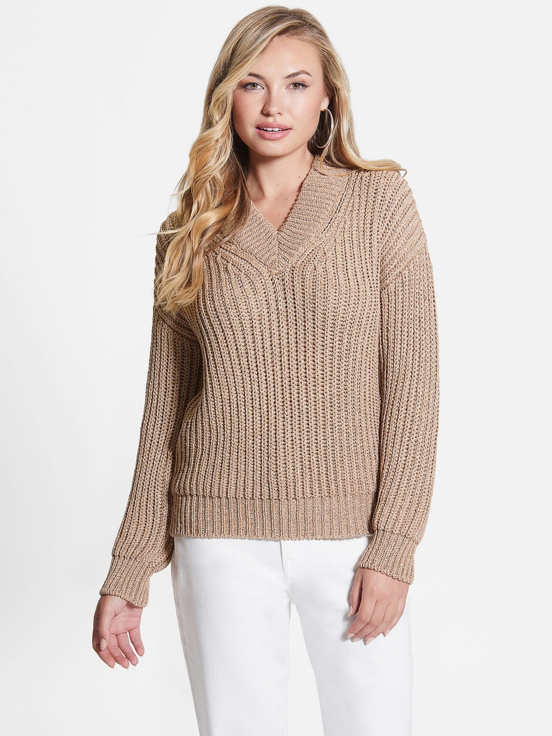 Brown Textured V-Neck Sweater