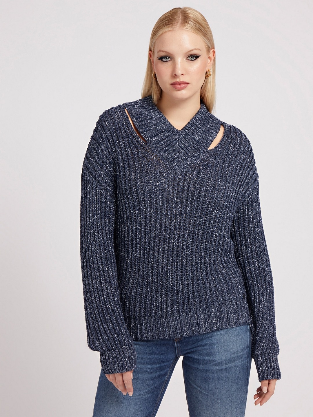 Blue Textured V-Neck Sweater
