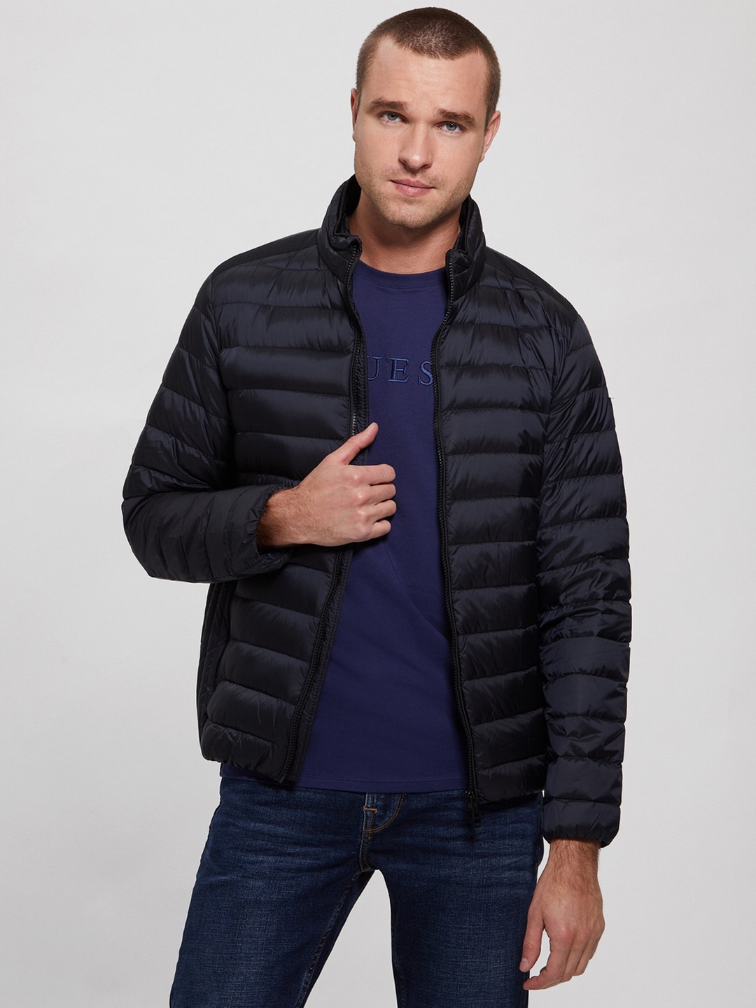 Blue Solid High Neck Full Sleeves Puffer Jacket