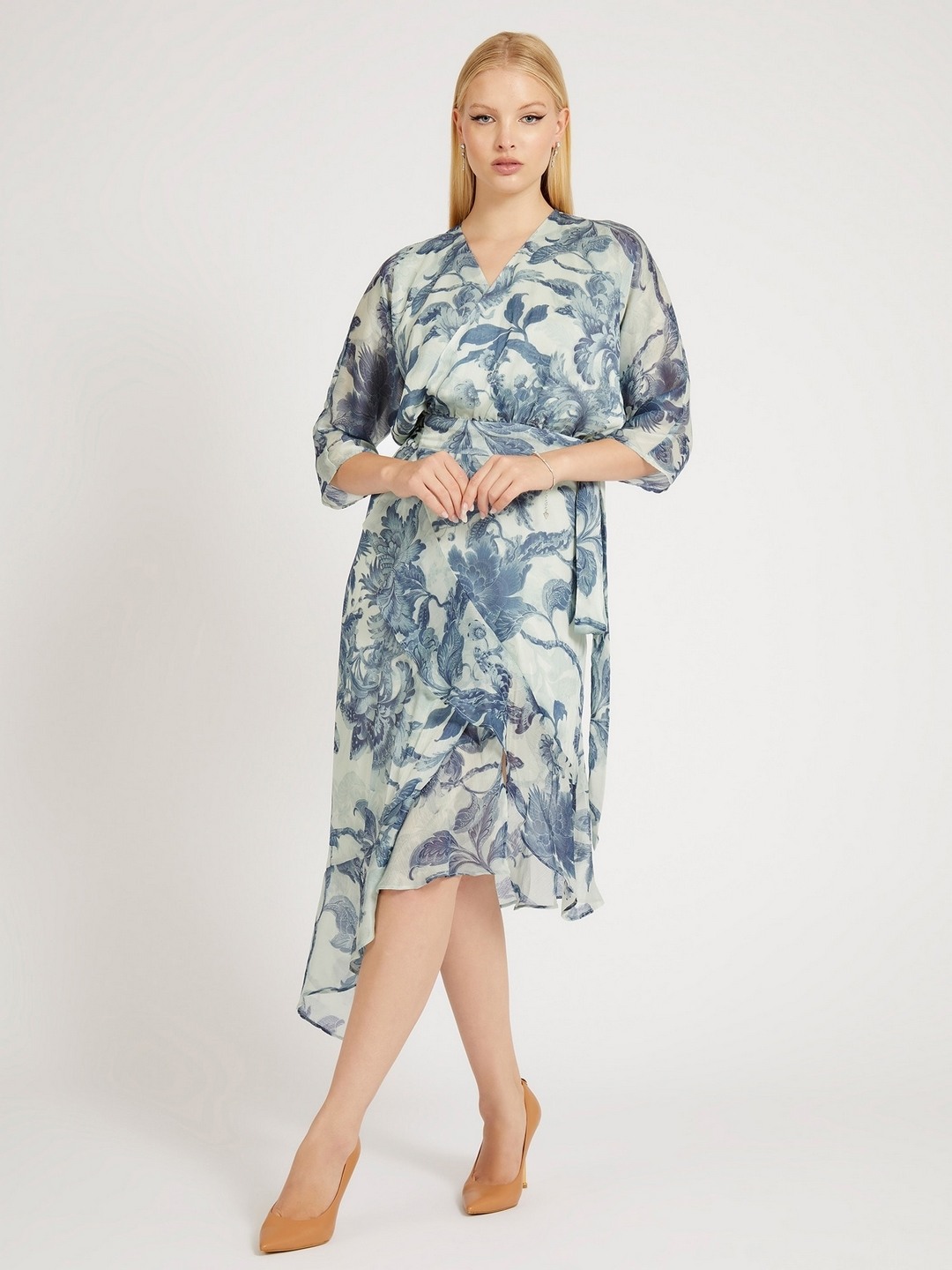 Porcelain Floral Printed V-Neck 3/4Th Sleeves Wrap Dress