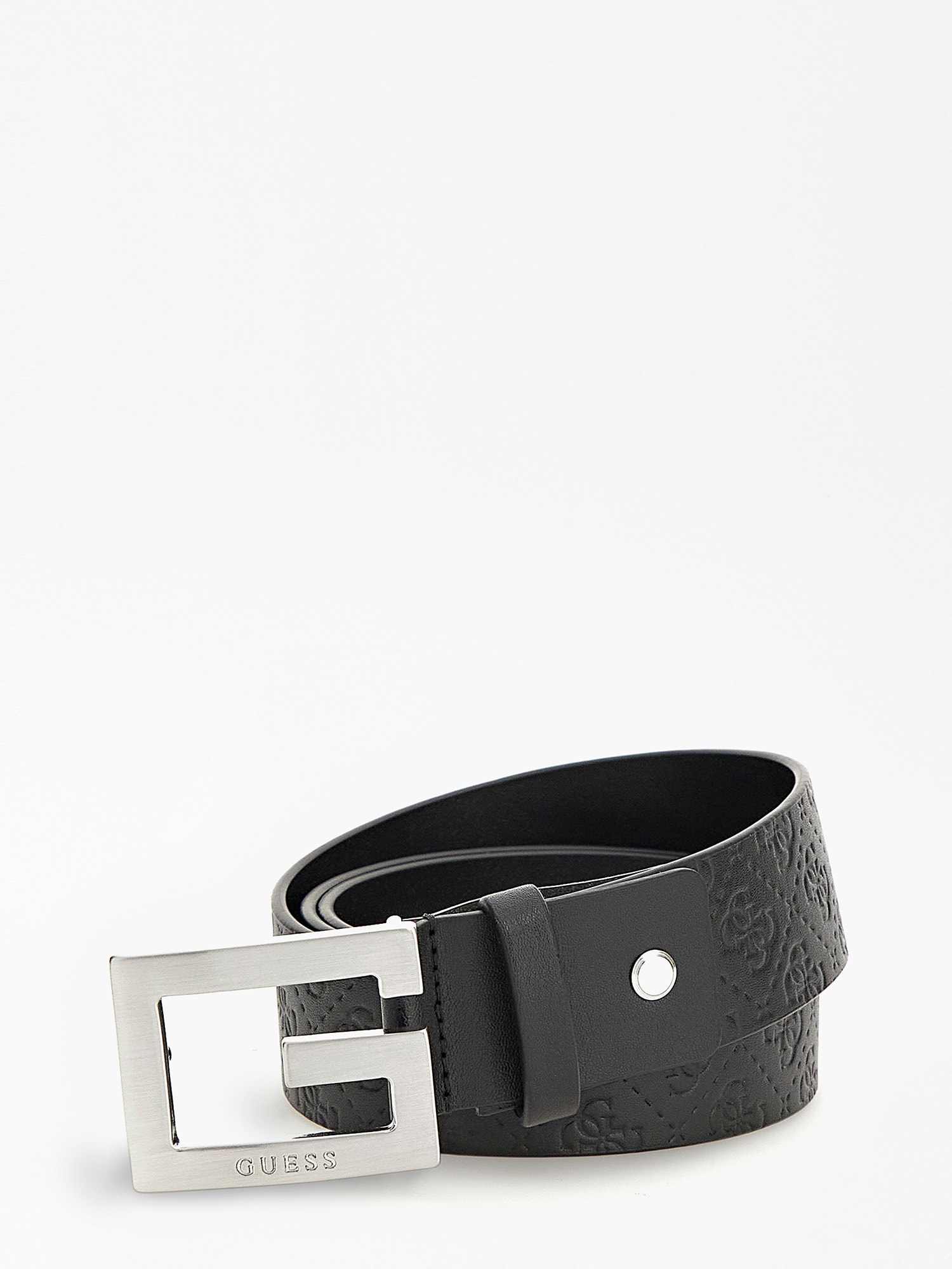 Men Black Leather Monogram Adjustable Belt with Pin Buckle