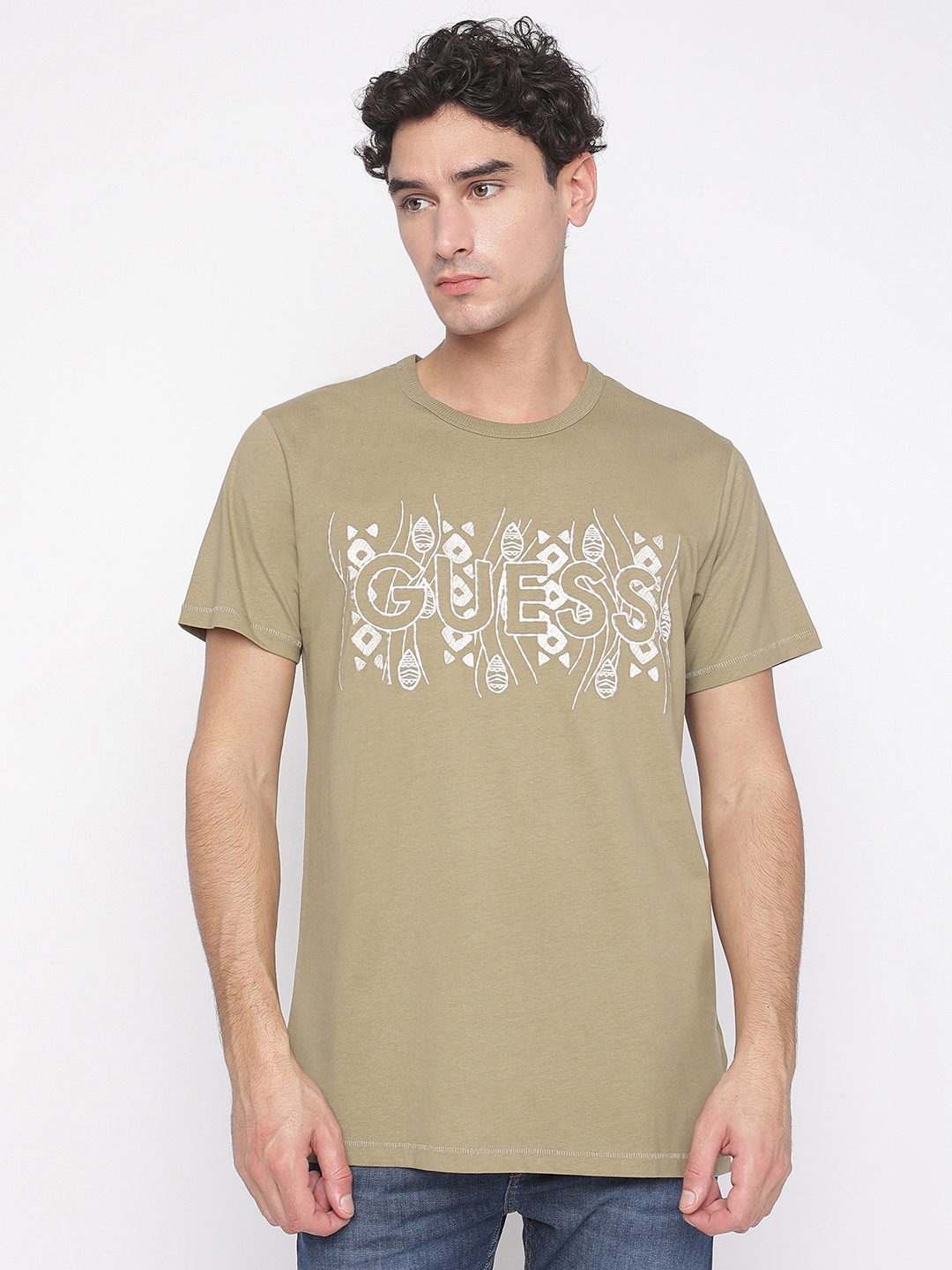 Khaki Way Embroidery Round Neck Short Sleeves T-Shirt