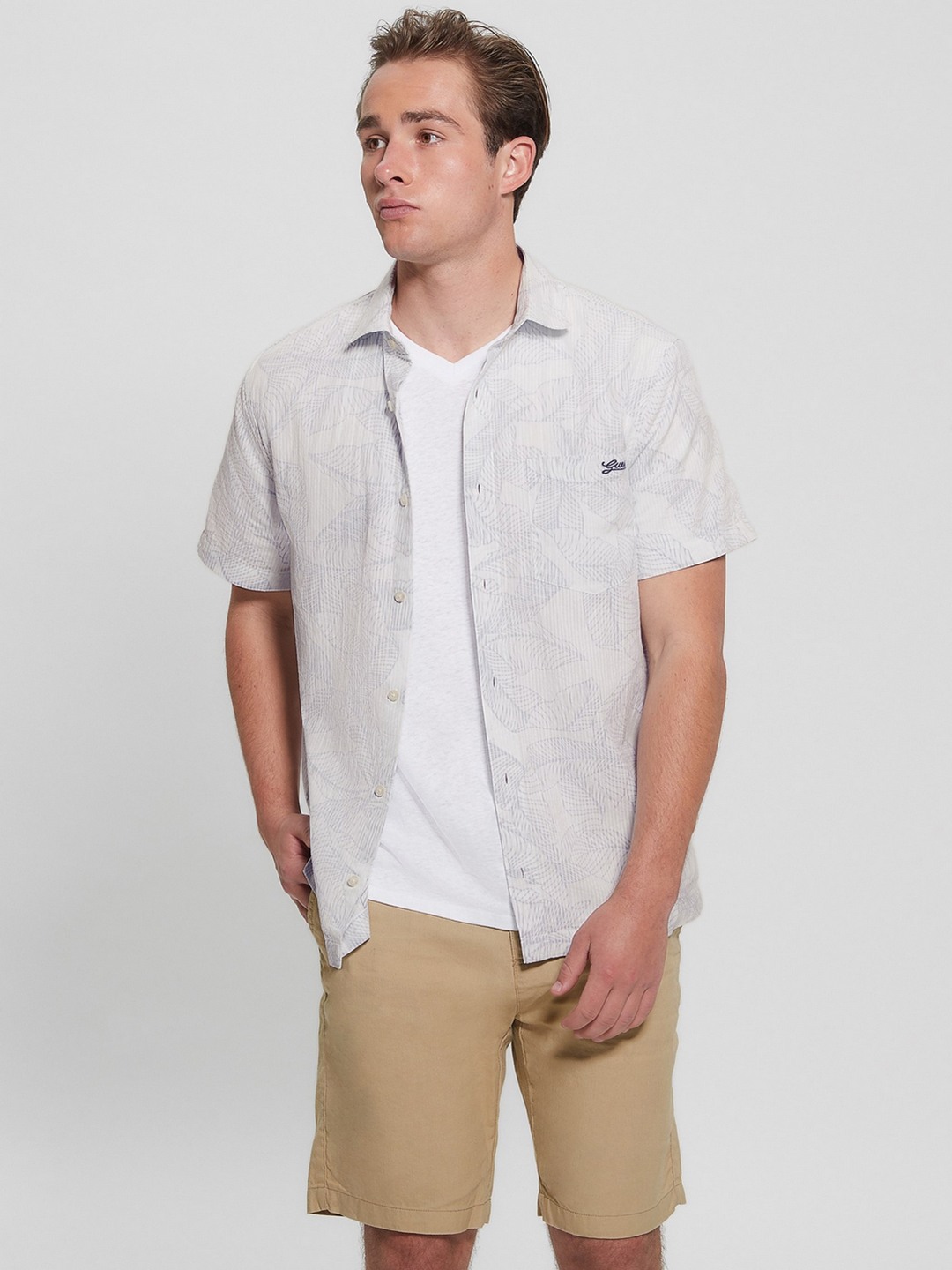 Off White Pure Cotton Printed Spread Collar Shirt