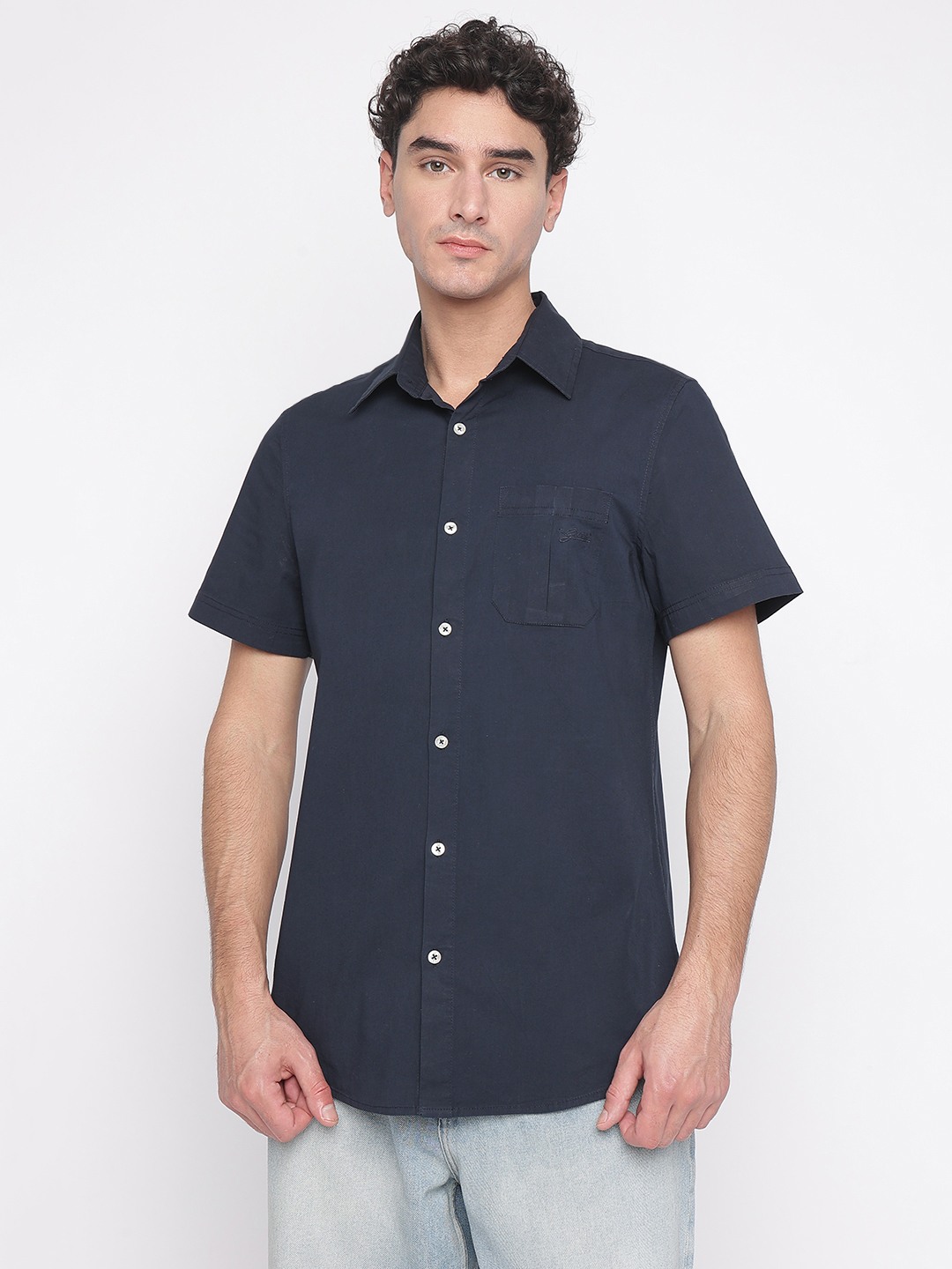 Smart Blue Solid Spread Collar Short Sleeves Shirt