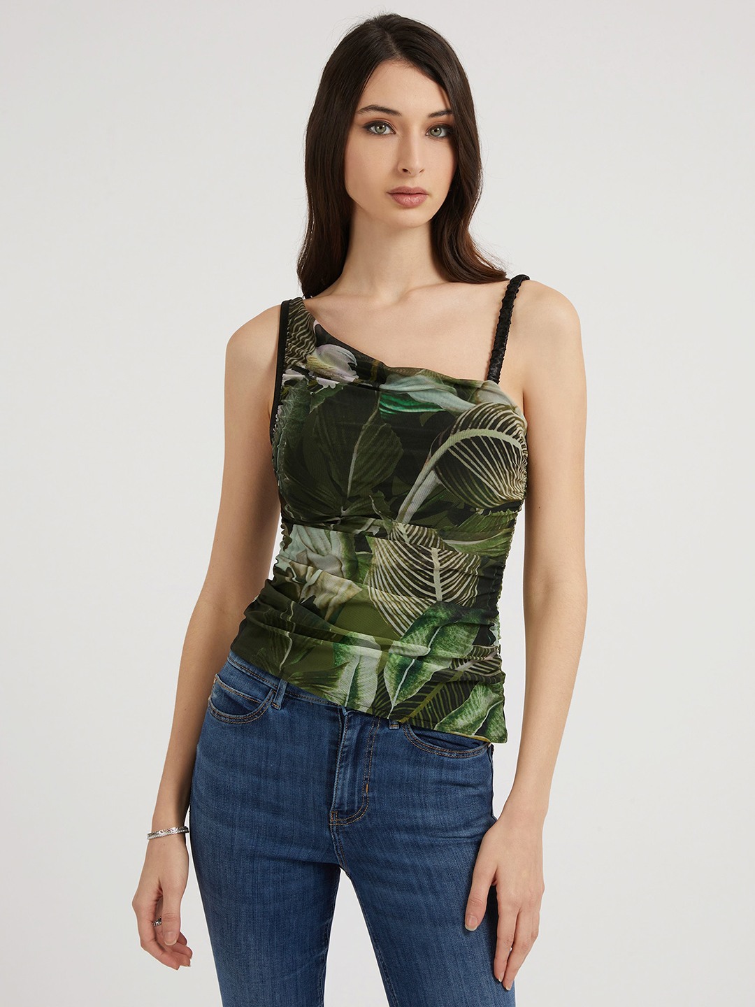 Green Polyamide Blend Printed Shirred Mesh Dina Top