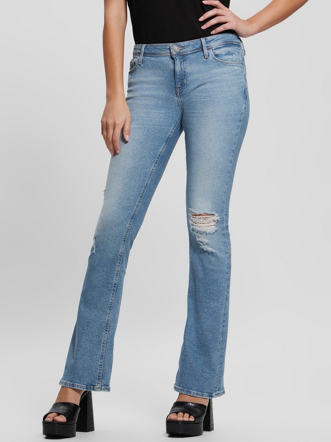 Blue Cotton Blend Solid Slash Knee Jeans