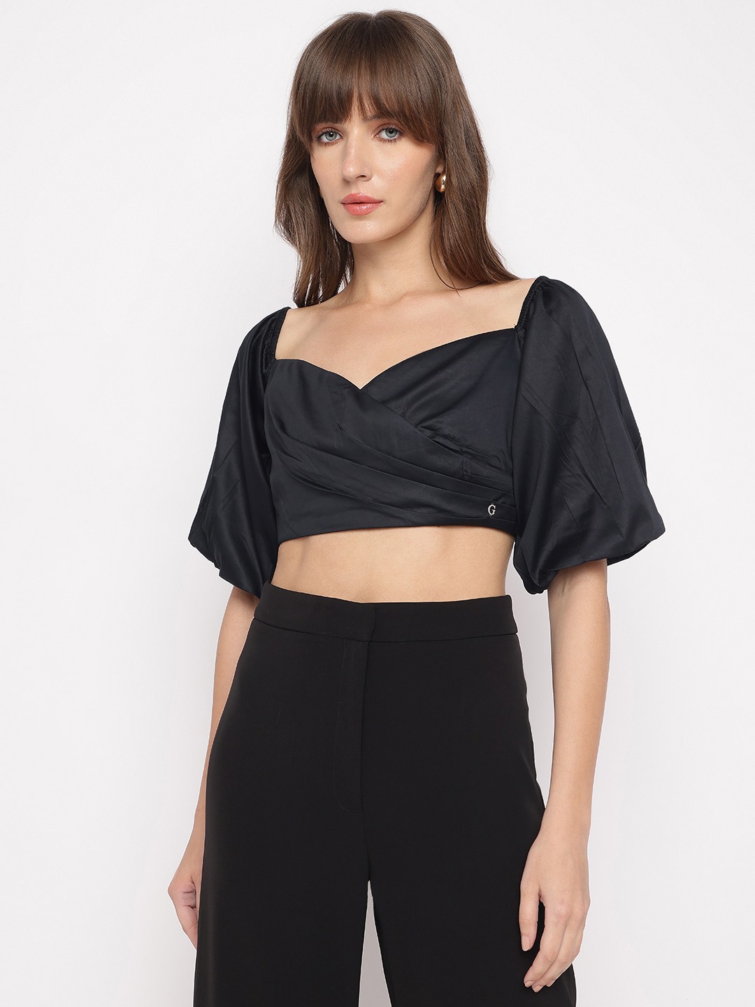 Jet Black Solid Sweetheart Neck Short Sleeves Tube Top