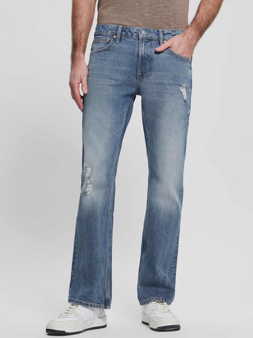 Blue Cotton Blend Solid Bootcut Fit Jeans