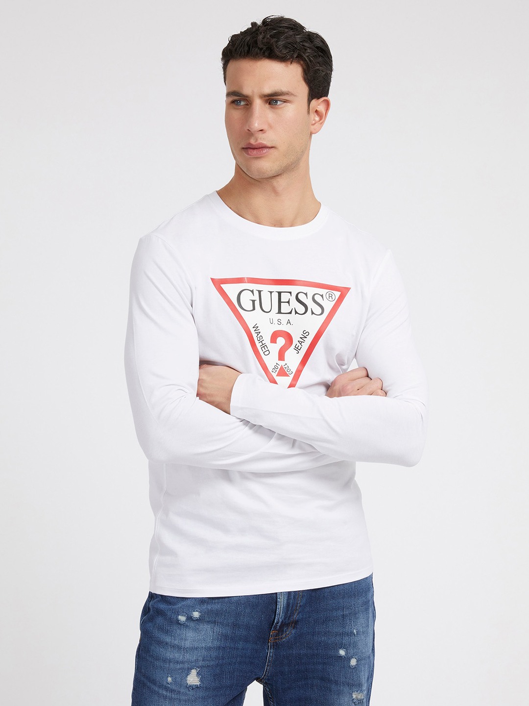 Guess White Cotton Printed Round Neck T-Shirt
