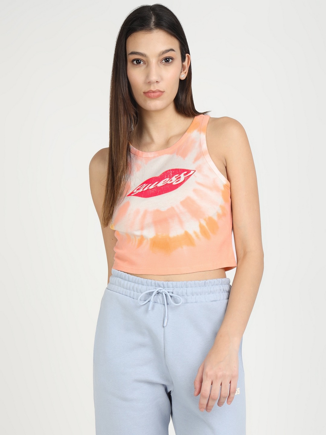 Orange Polyester Blend Printed Tank Top
