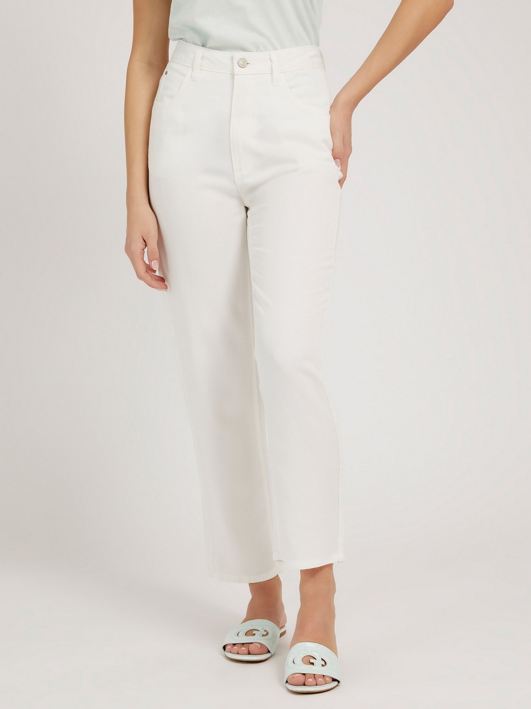 Off White Solid High-Rise Ankle Length Flat-front Trouser