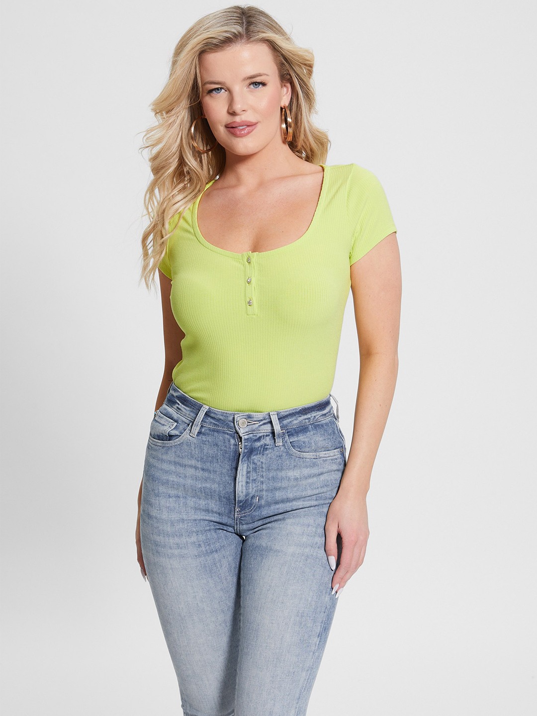 Lime Yellow Solid Henley Neck Short Sleeves Top