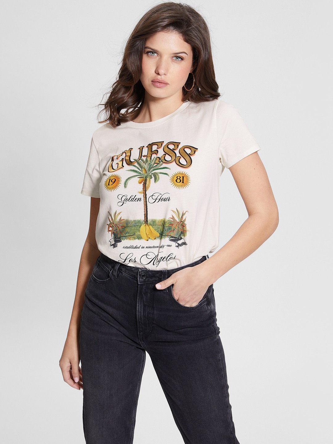 White Printed Round Neck Short Sleeves T-shirt