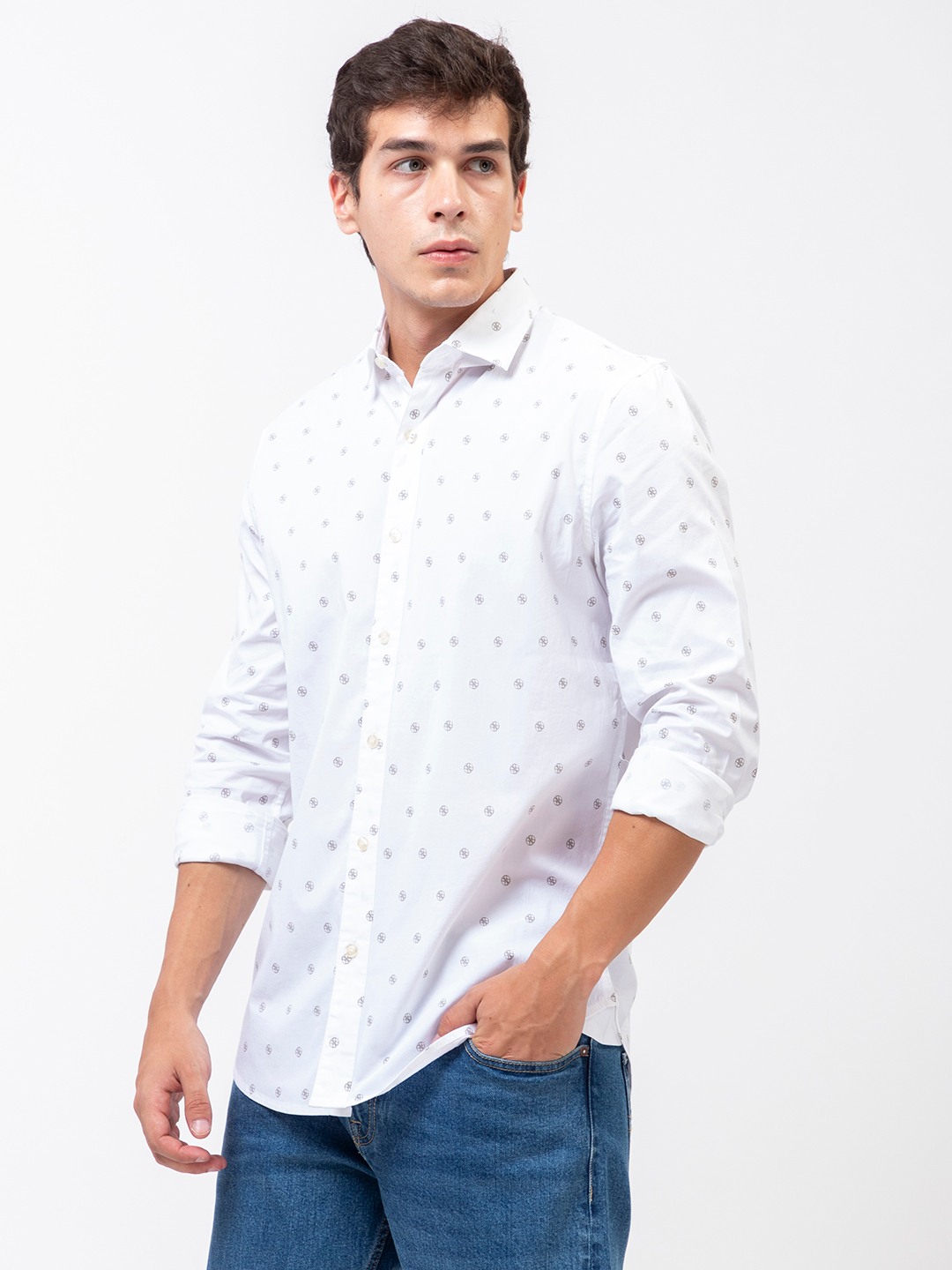 White Printed Spread Collar Full Sleeves Shirt
