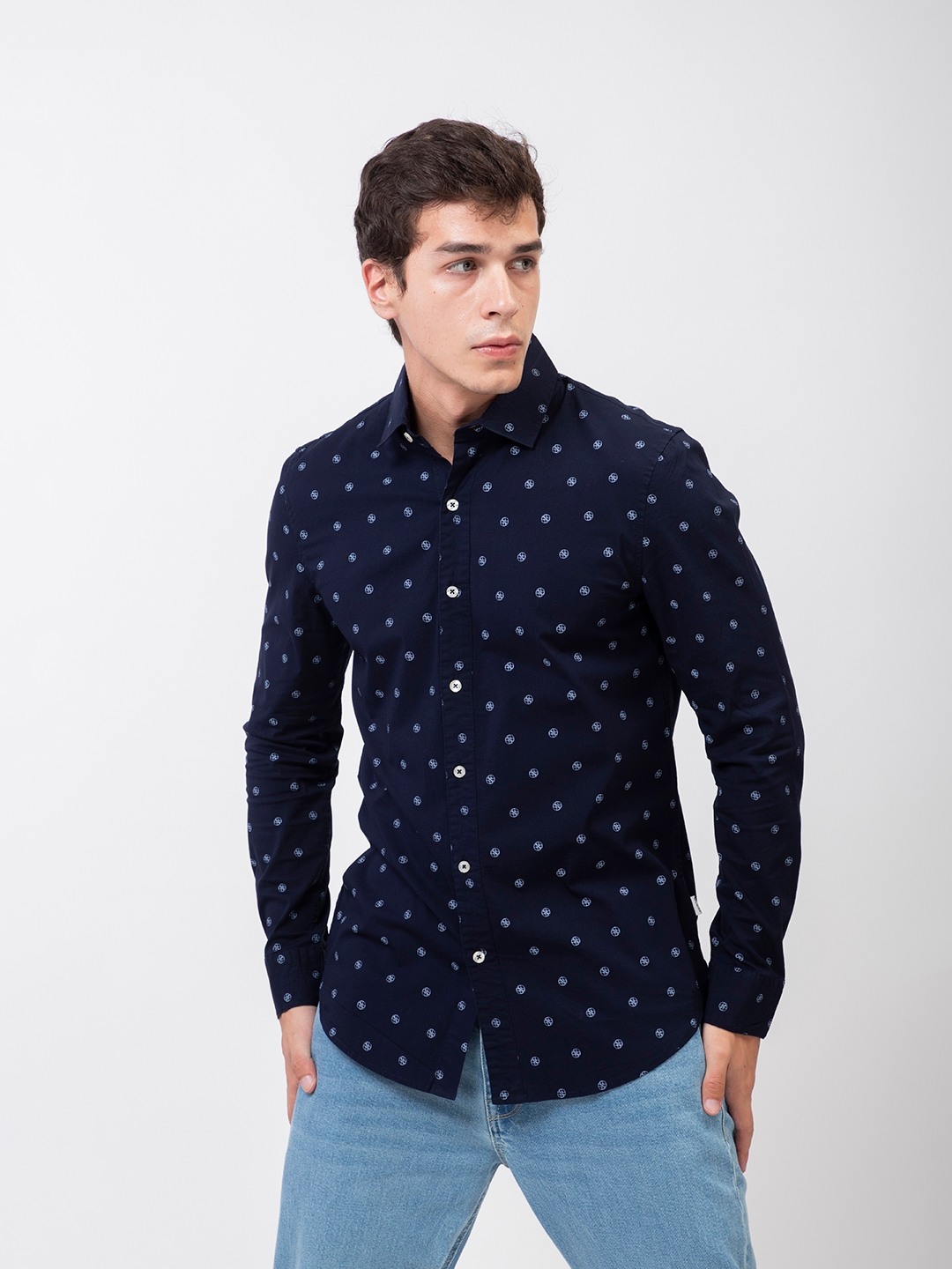 Navy Blue Printed Spread Collar Full Sleeve Shirt