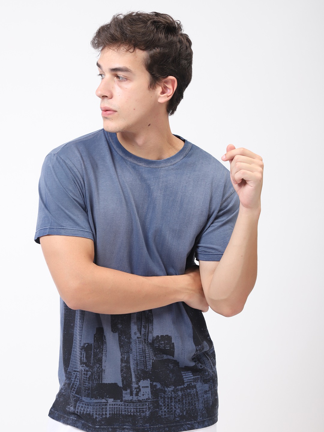 Blue Printed Round Neck Short Sleeves T-shirt