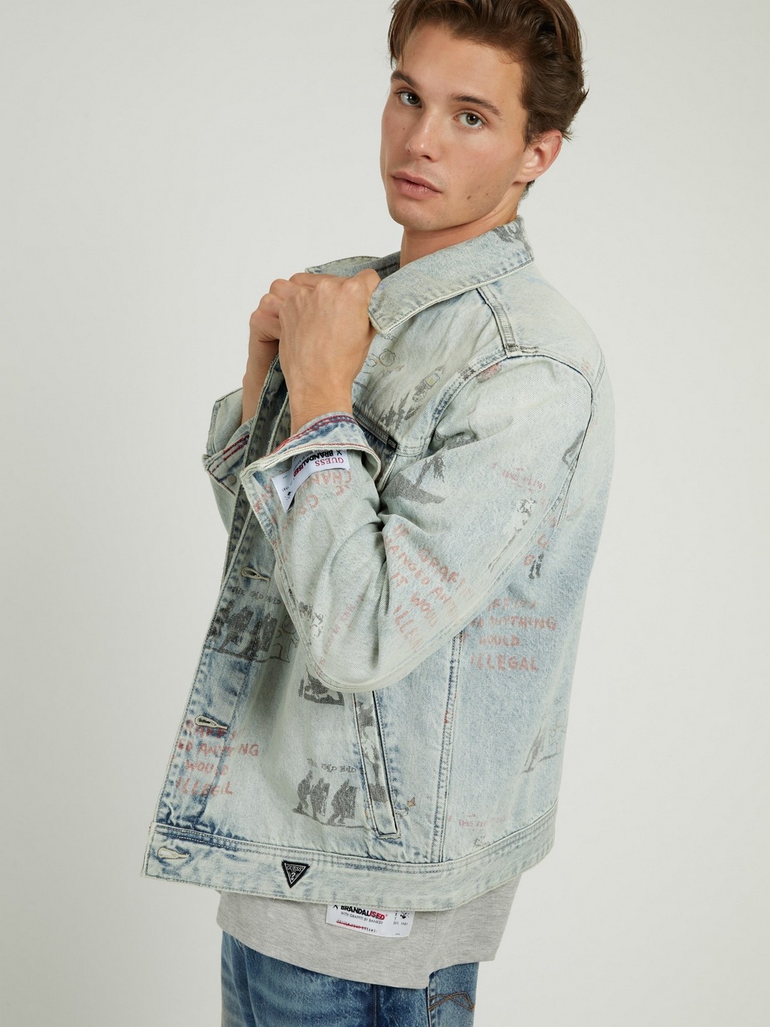 Blue Printed Spread Collar Full Sleeves Denim Jacket