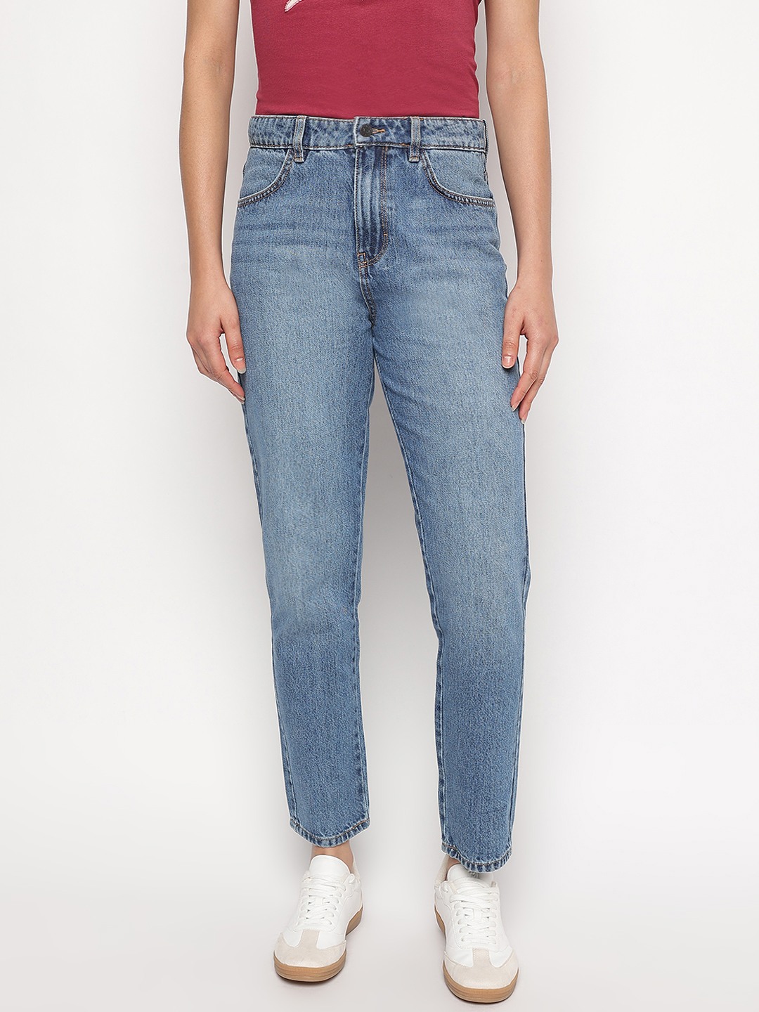 Blue Solid Tapered Fit Mom Jeans
