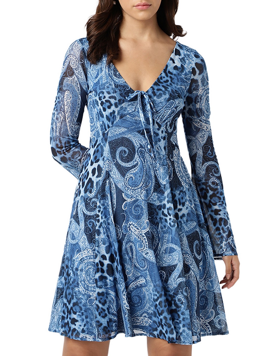 Guess Women Blue Printed V-Neck Full Sleeves A-Line Dress
