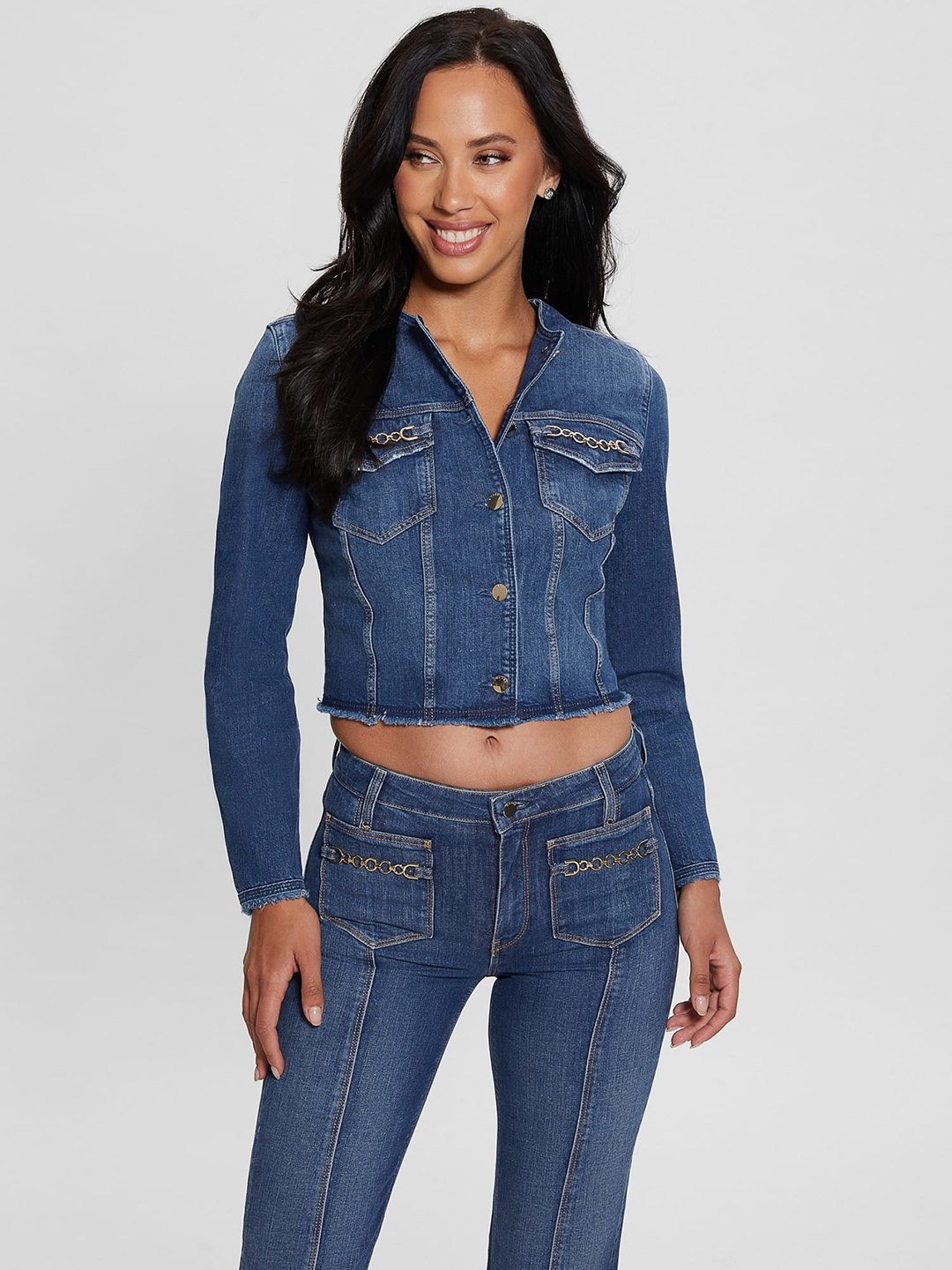 Blue Washed Collarless Full Sleeves Denim Jacket