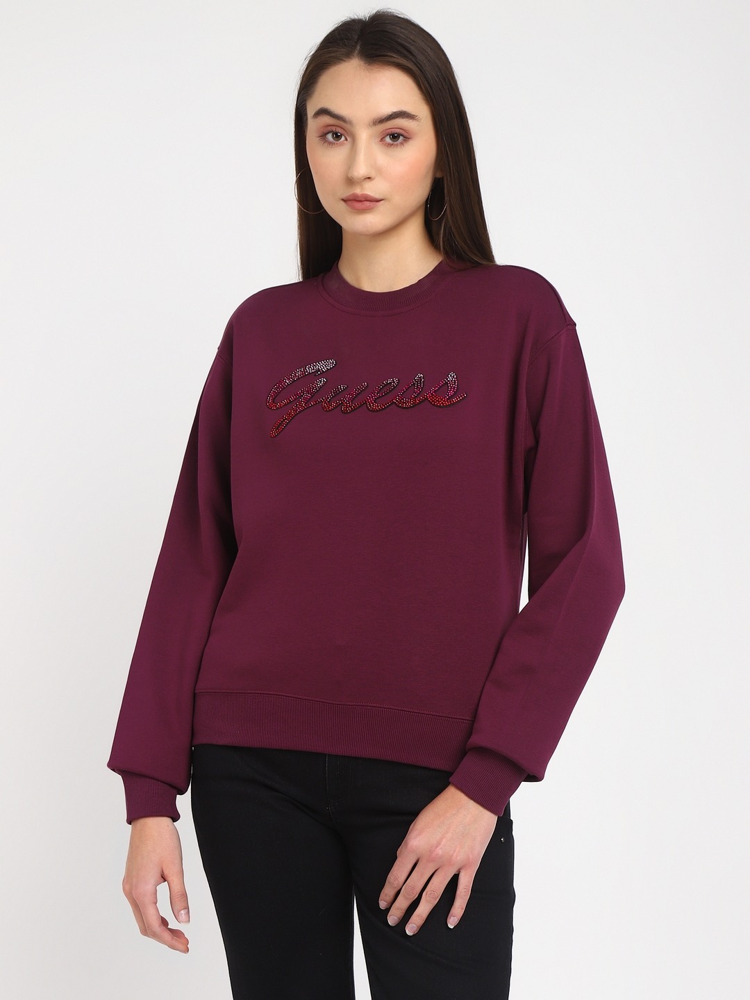 Wine Solid Round Neck Full Sleeves Sweatshirt
