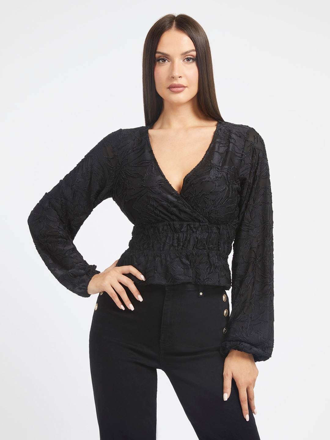 Black Self Design V-Neck Full Sleeves Wrap Top