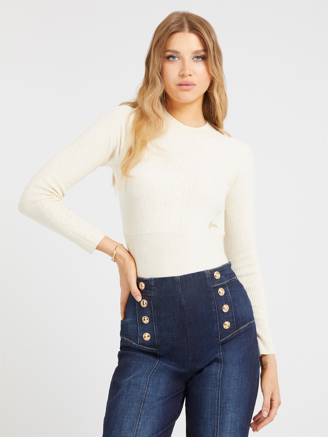 Cream Polyamide Blend Ribbed Pullover Sweater