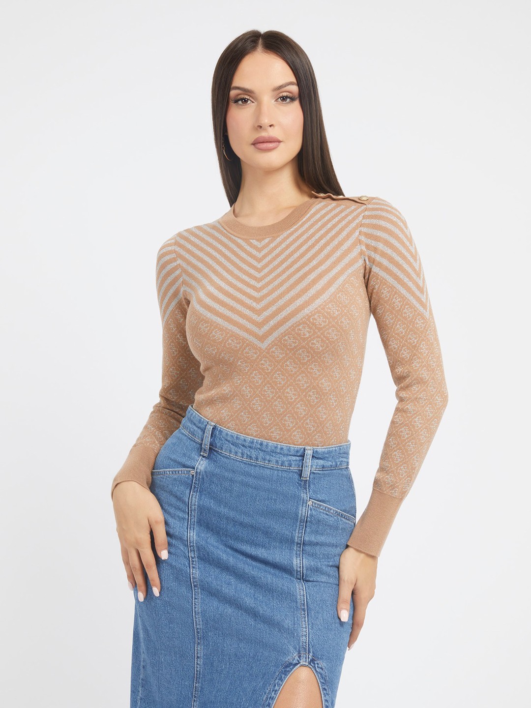 Beige Polyester Blend Printed Pullover Sweater