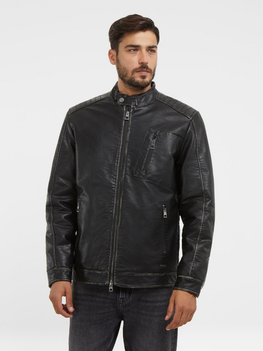 Black Polyurethane Solid Biker Jacket